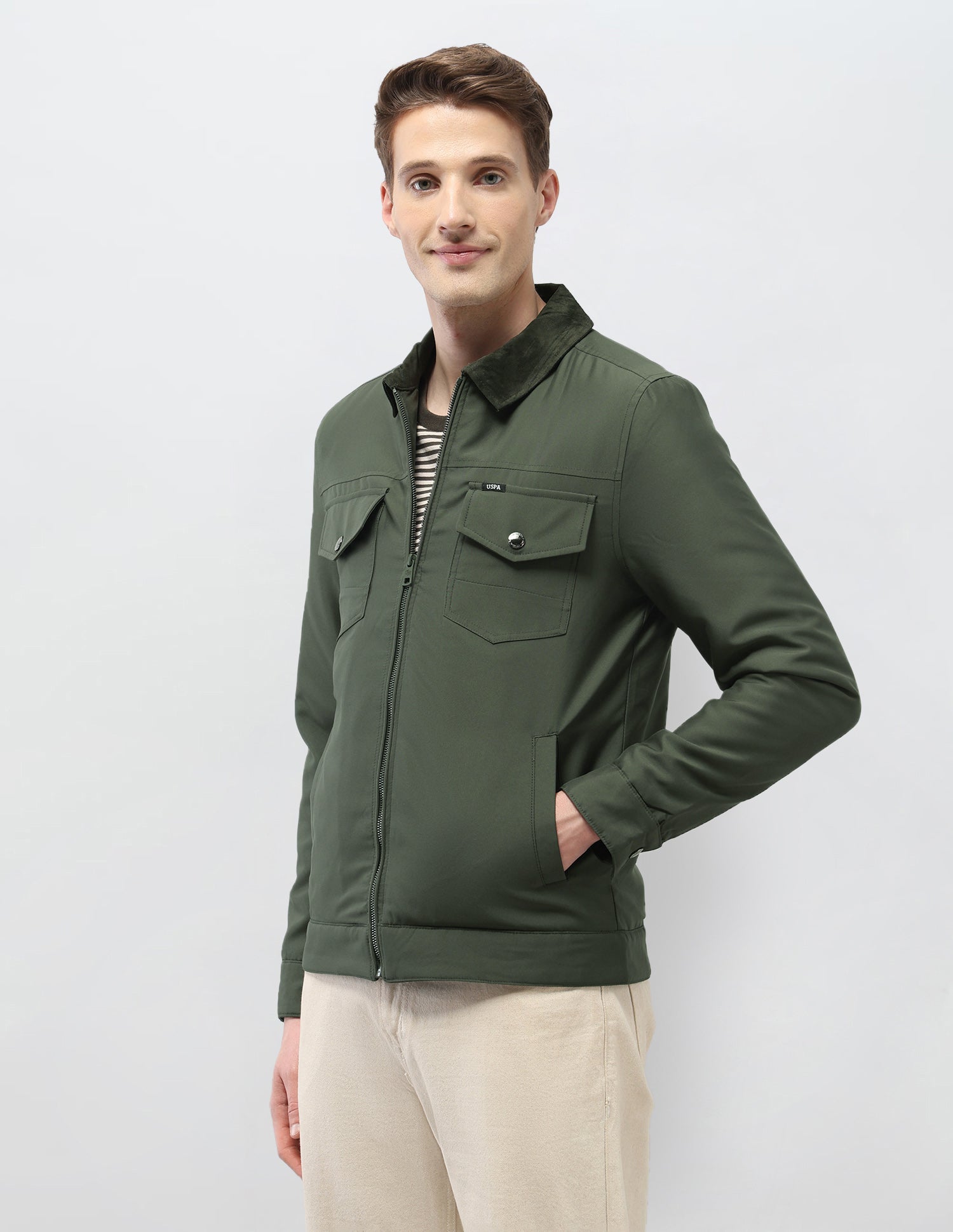 Solid Regular Fit Jacket Olive - U.S. Polo Assn. India | Large