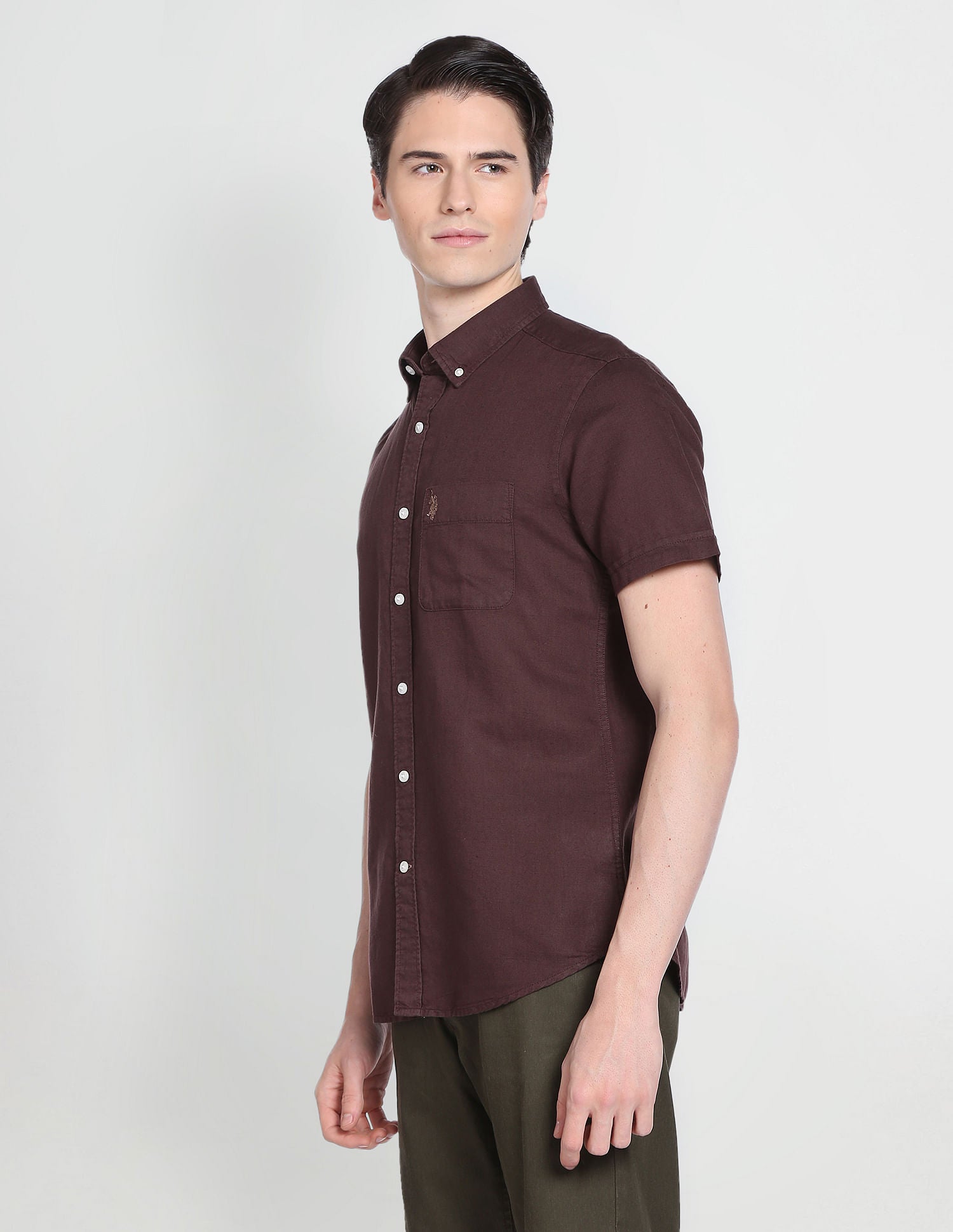 Button Down Collar Overdyed Solid Shirt Dark Brown - U.S. Polo Assn. India | Large