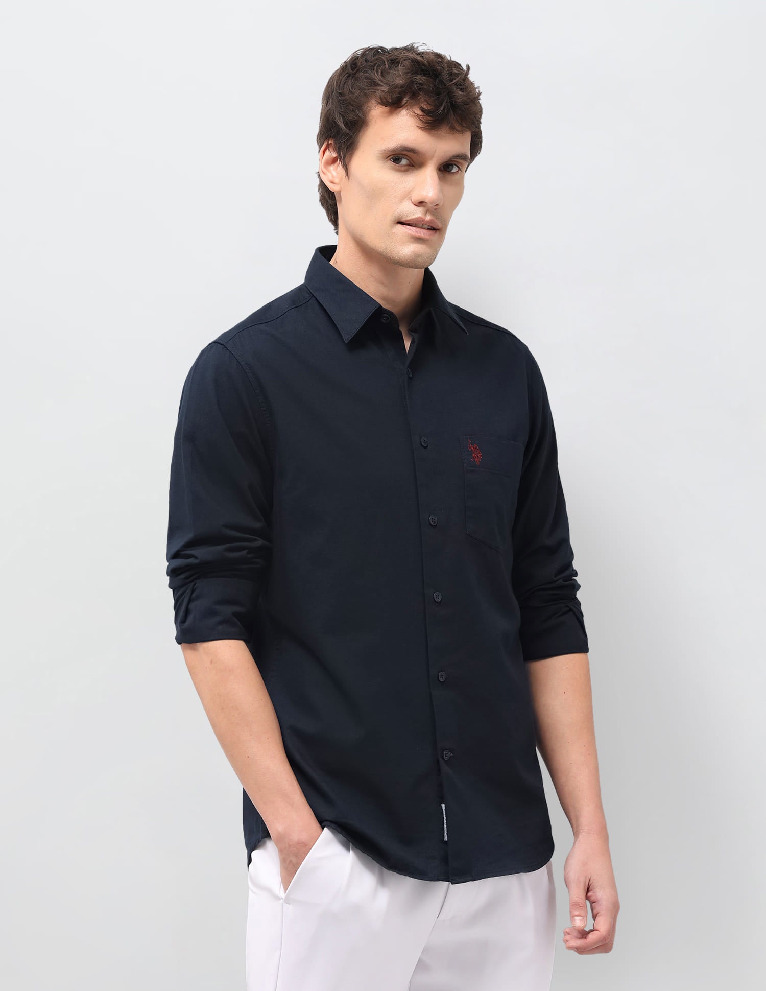 Solid Linen Tailored Fit Shirt Blue - U.S. Polo Assn. India | Large