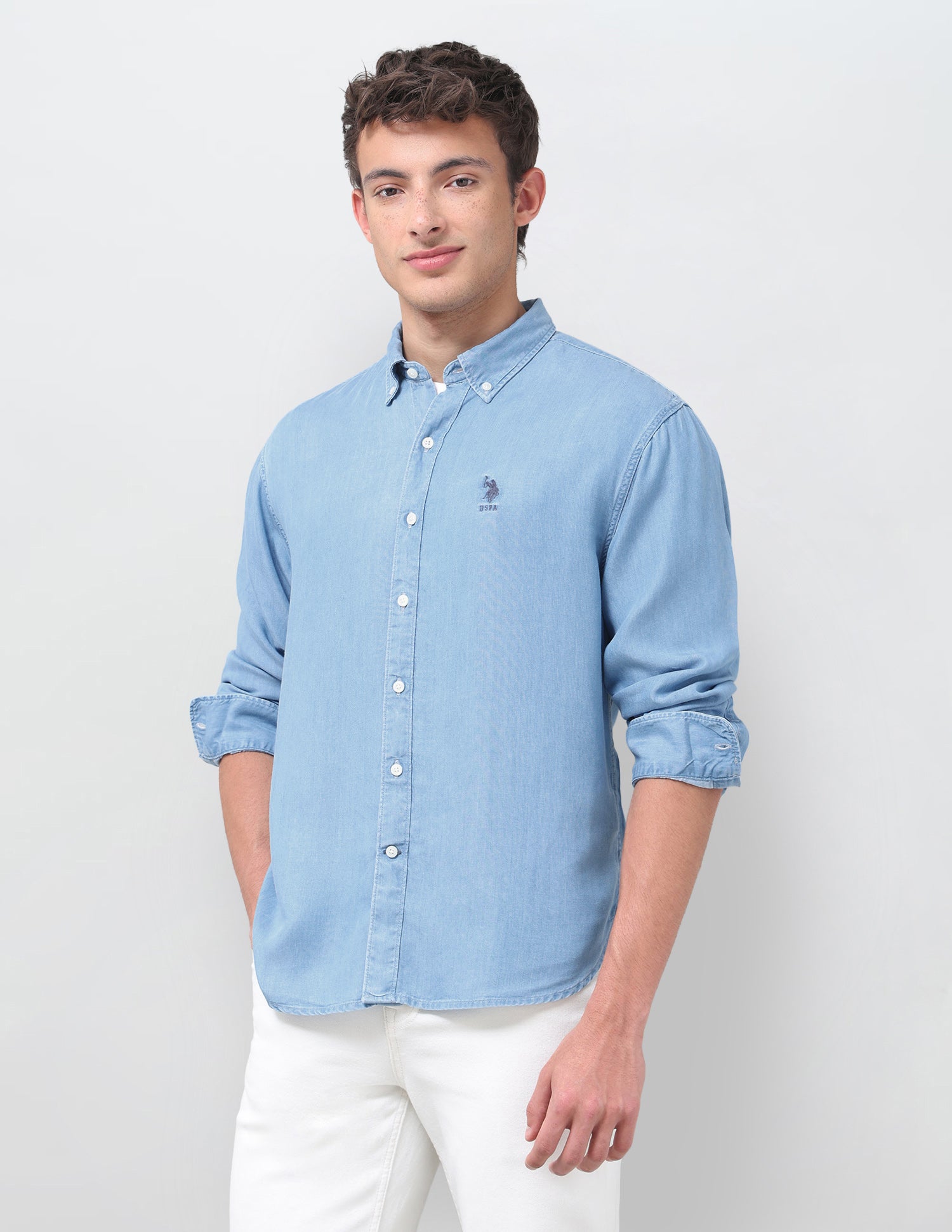 Solid Regular Fit Button Down Shirt Light Indigo - U.S. Polo Assn. India | Large