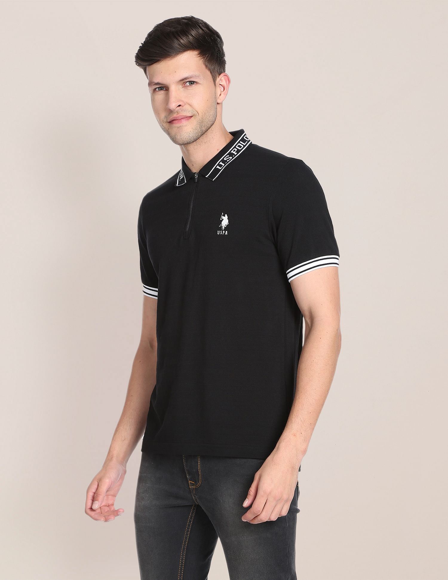 Branded Collar Jacquard Polo Shirt Black - U.S. Polo Assn. India | Large