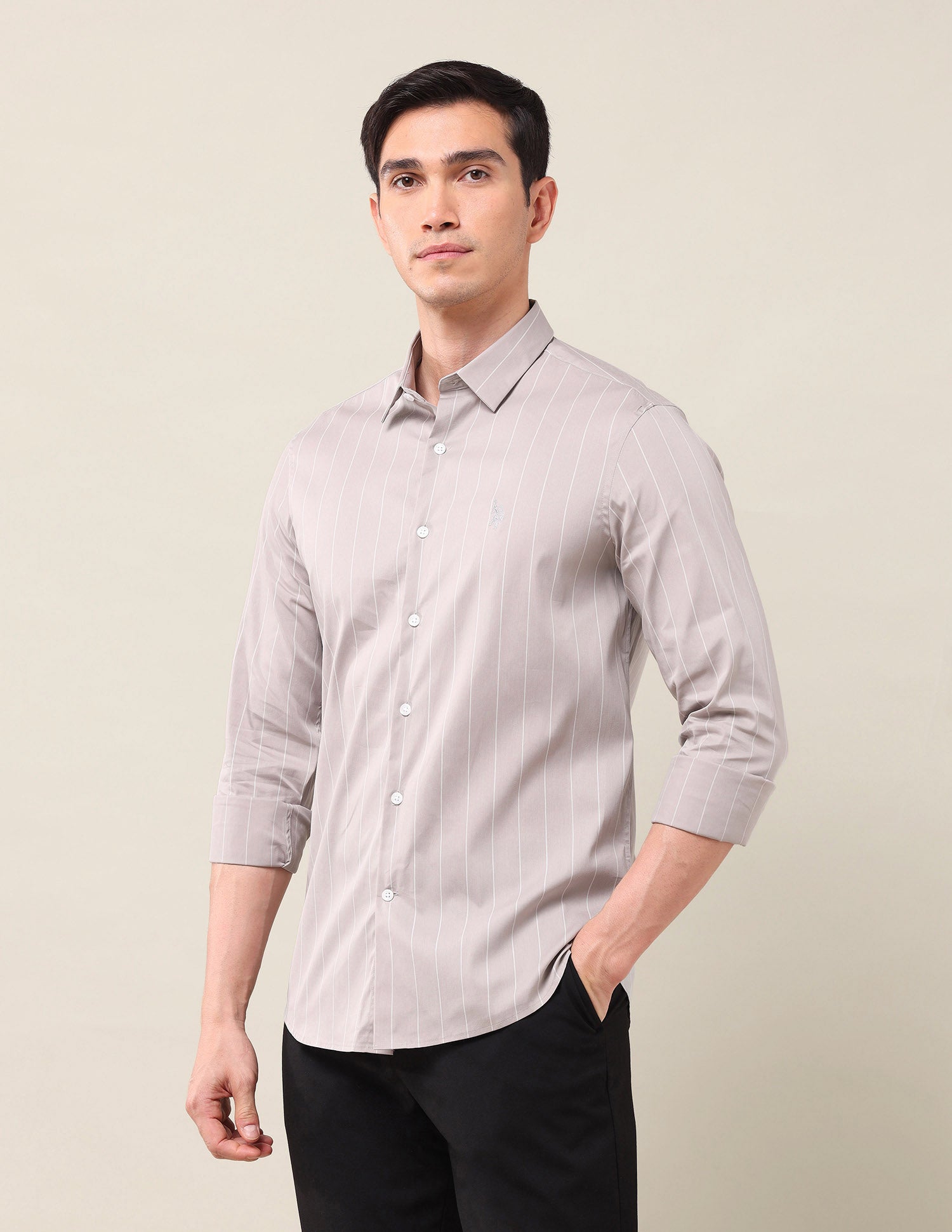 Tailored Fit Vertical Striped Shirt Light Khaki - U.S. Polo Assn. India | Large