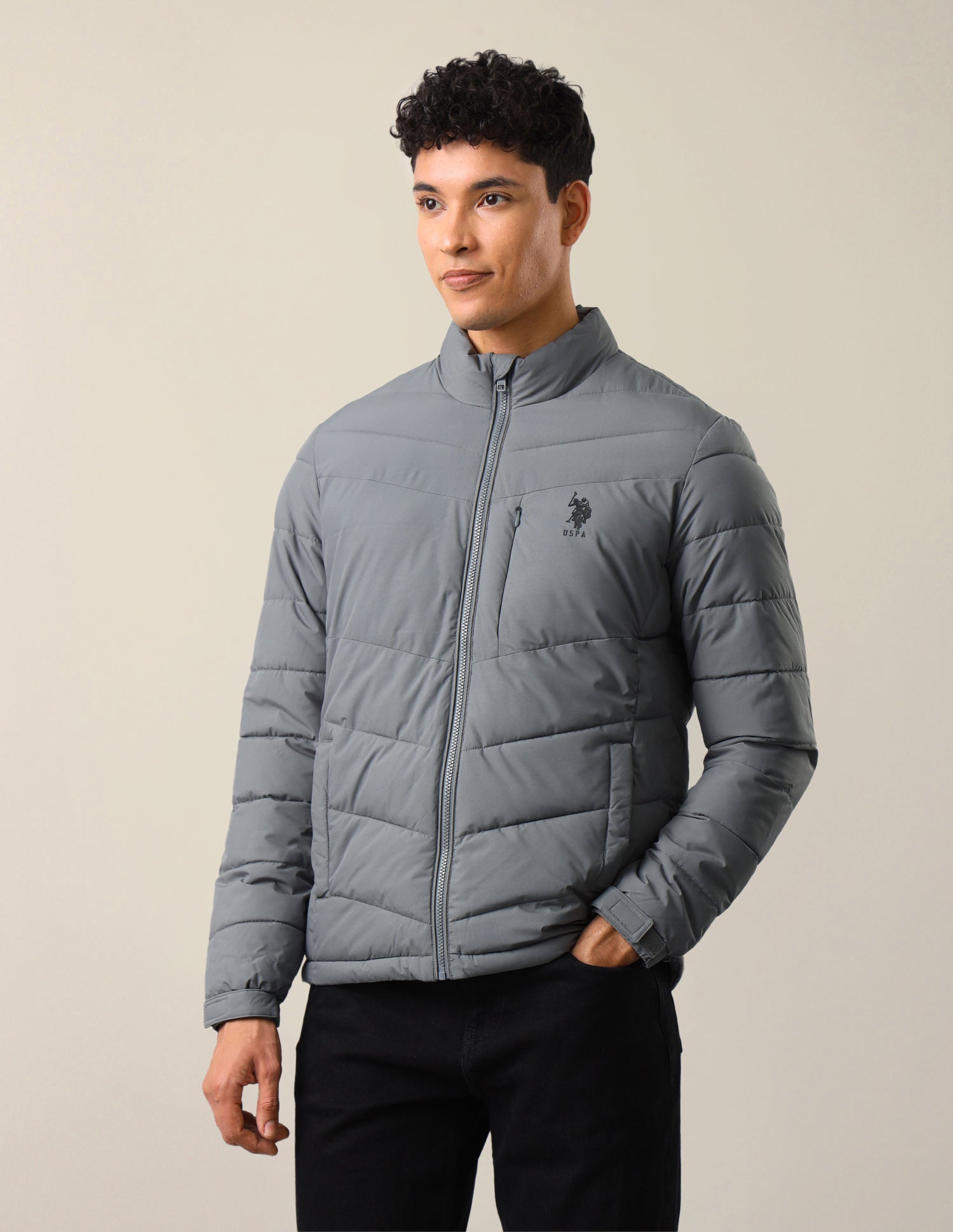 Solid Regular Fit Puffer Jacket Grey - U.S. Polo Assn. India | Large