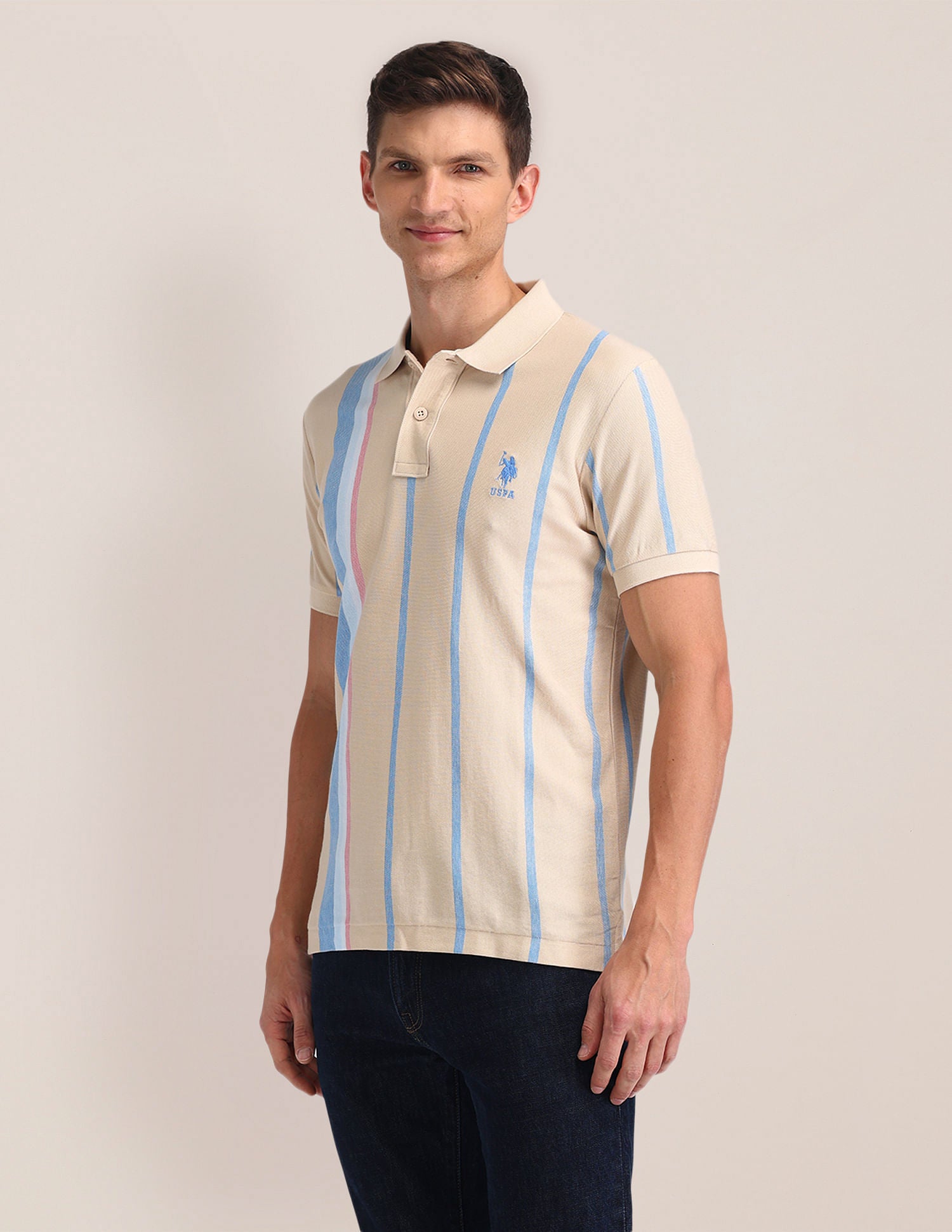 Slim Fit Striped Polo Shirt Beige - U.S. Polo Assn. India | Large