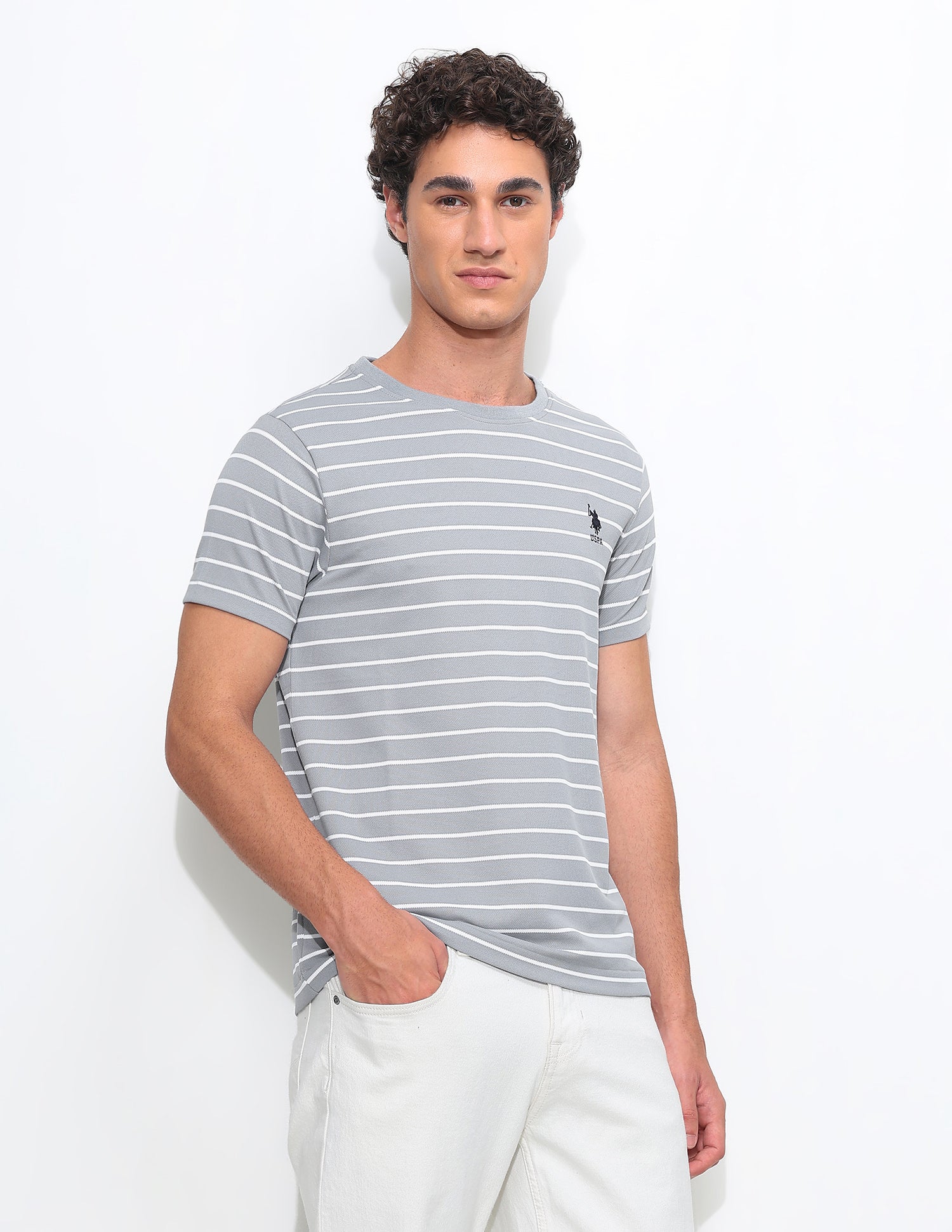 Horizontal Striped Slim Fit T-Shirt Grey - U.S. Polo Assn. India | Large