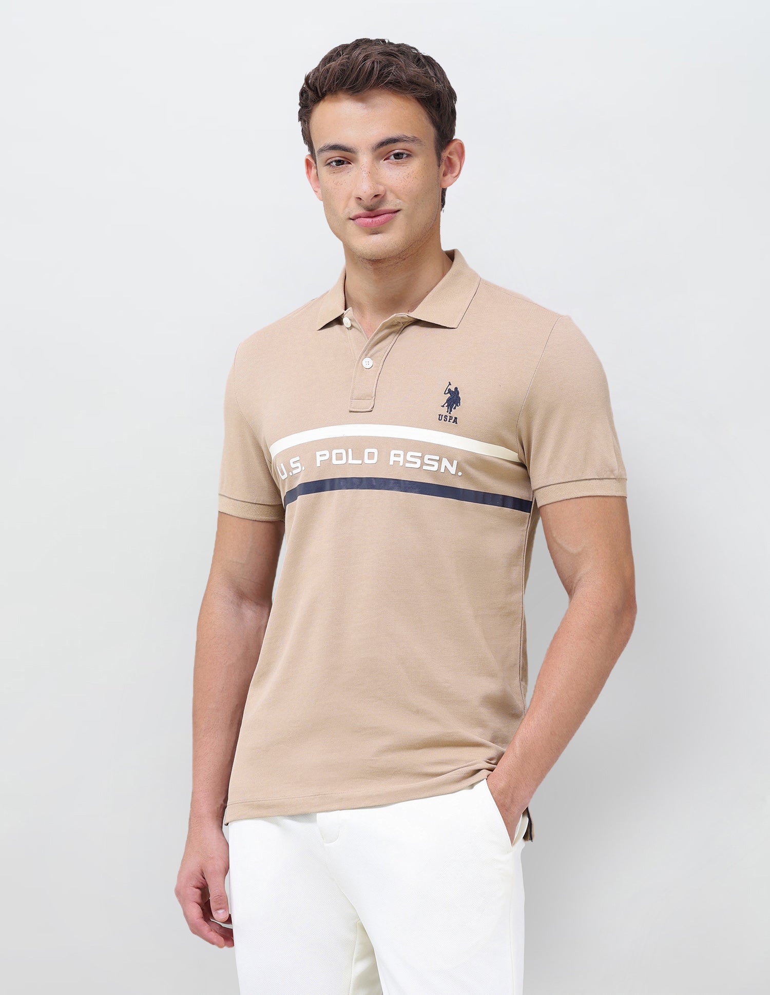 Brand Printed Muscle Fit Polo Shirt Beige - U.S. Polo Assn. India | Large