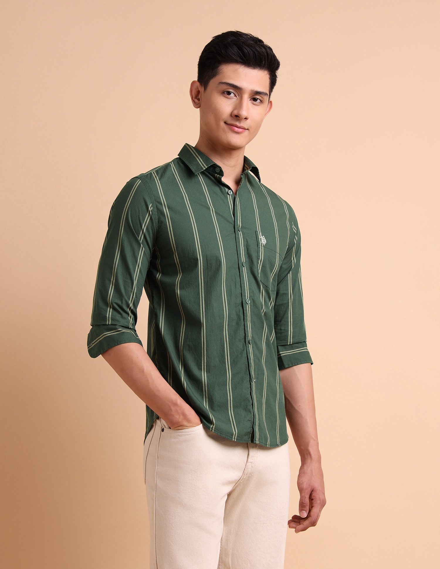 Vertical Striped Pure Cotton Shirt Olive - U.S. POLO ASSN. | Large