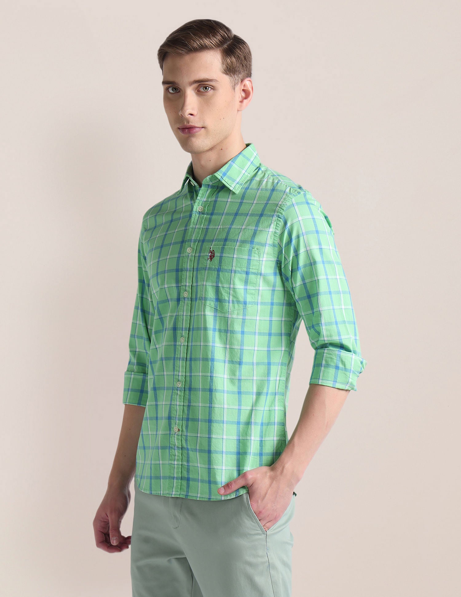 Dobby Tailored Fit Shirt Green - U.S. Polo Assn. India | Large