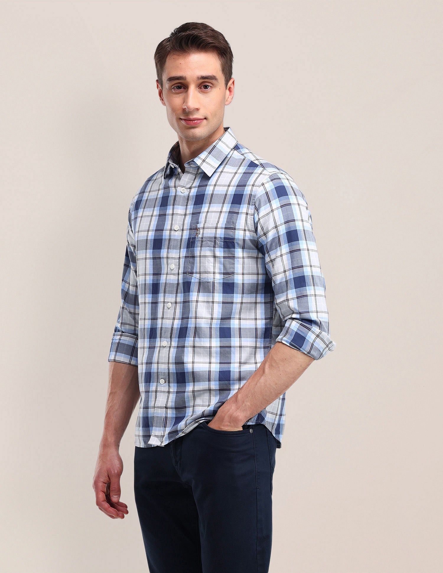 Tailored Fit Checked Shirt Blue - U.S. Polo Assn. India | Large