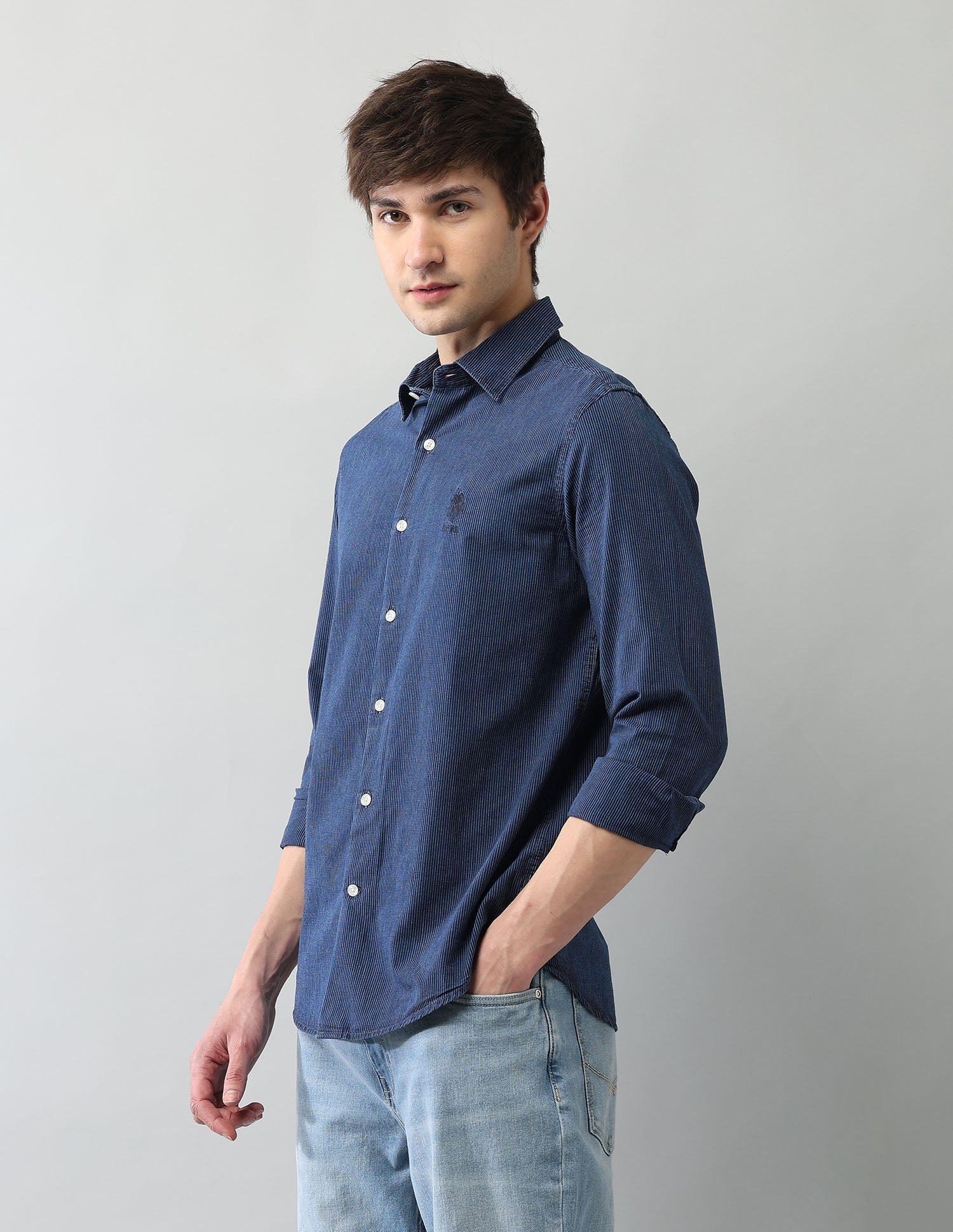 PinStriped Regular Fit Poplin Shirt Dark Indigo - U.S. Polo Assn. India | Large