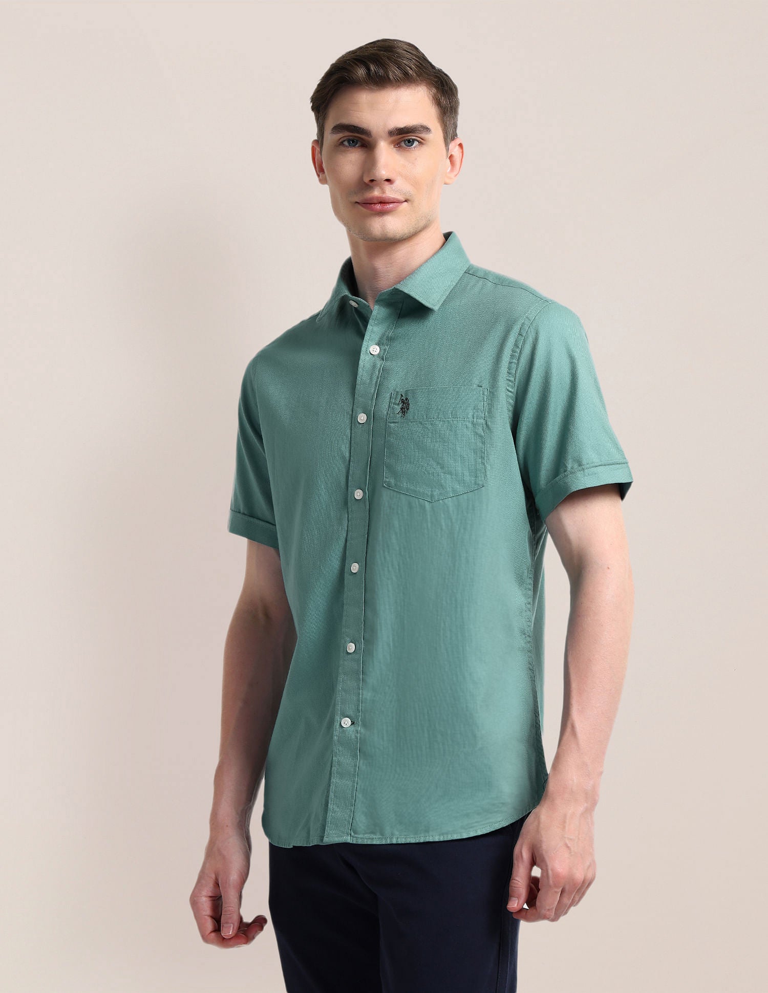 Cutaway Collar Premium Cotton Shirt Green - U.S. Polo Assn. India | Large