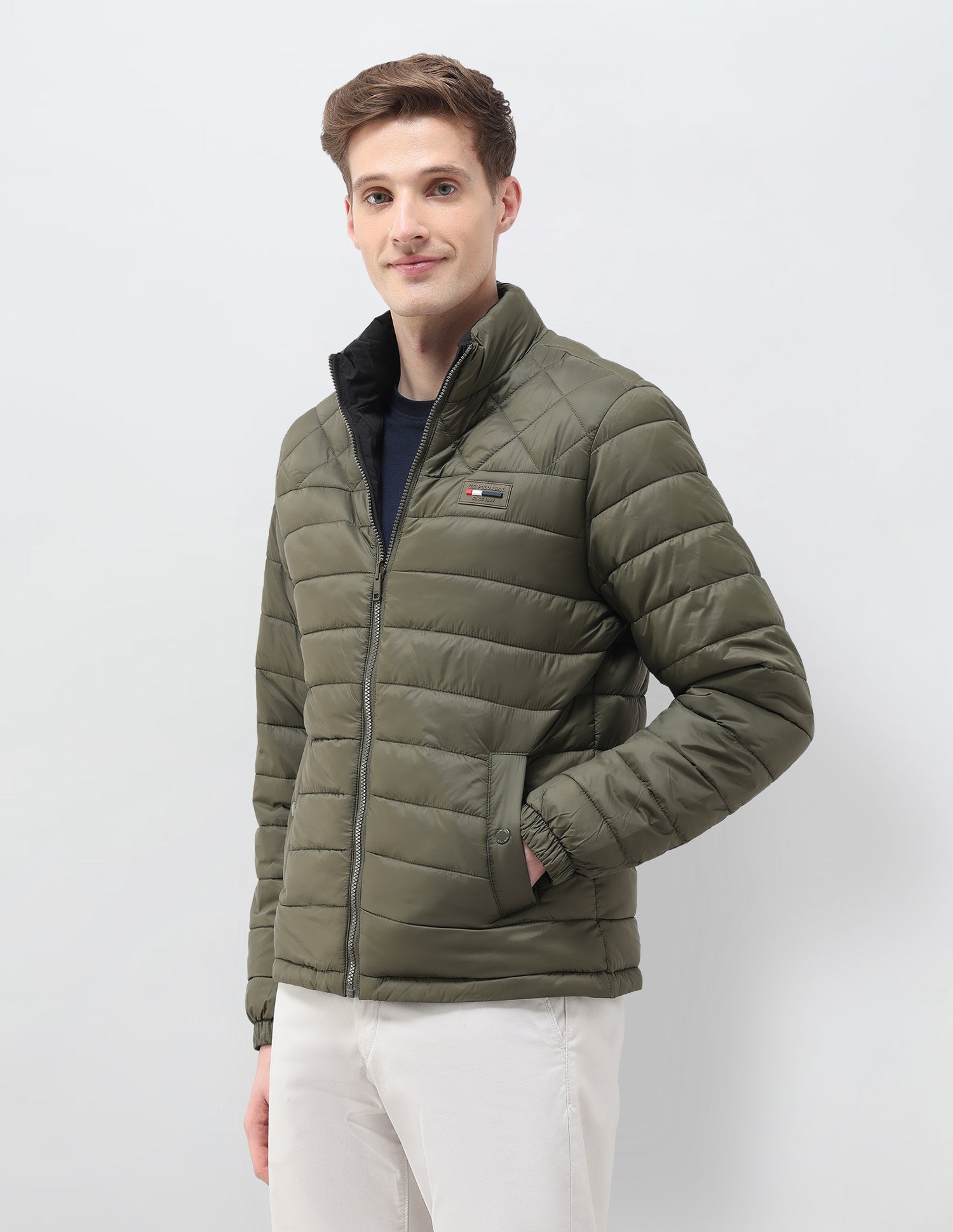 Regular Fit Solid Puffer Jacket Olive - U.S. Polo Assn. India | Large