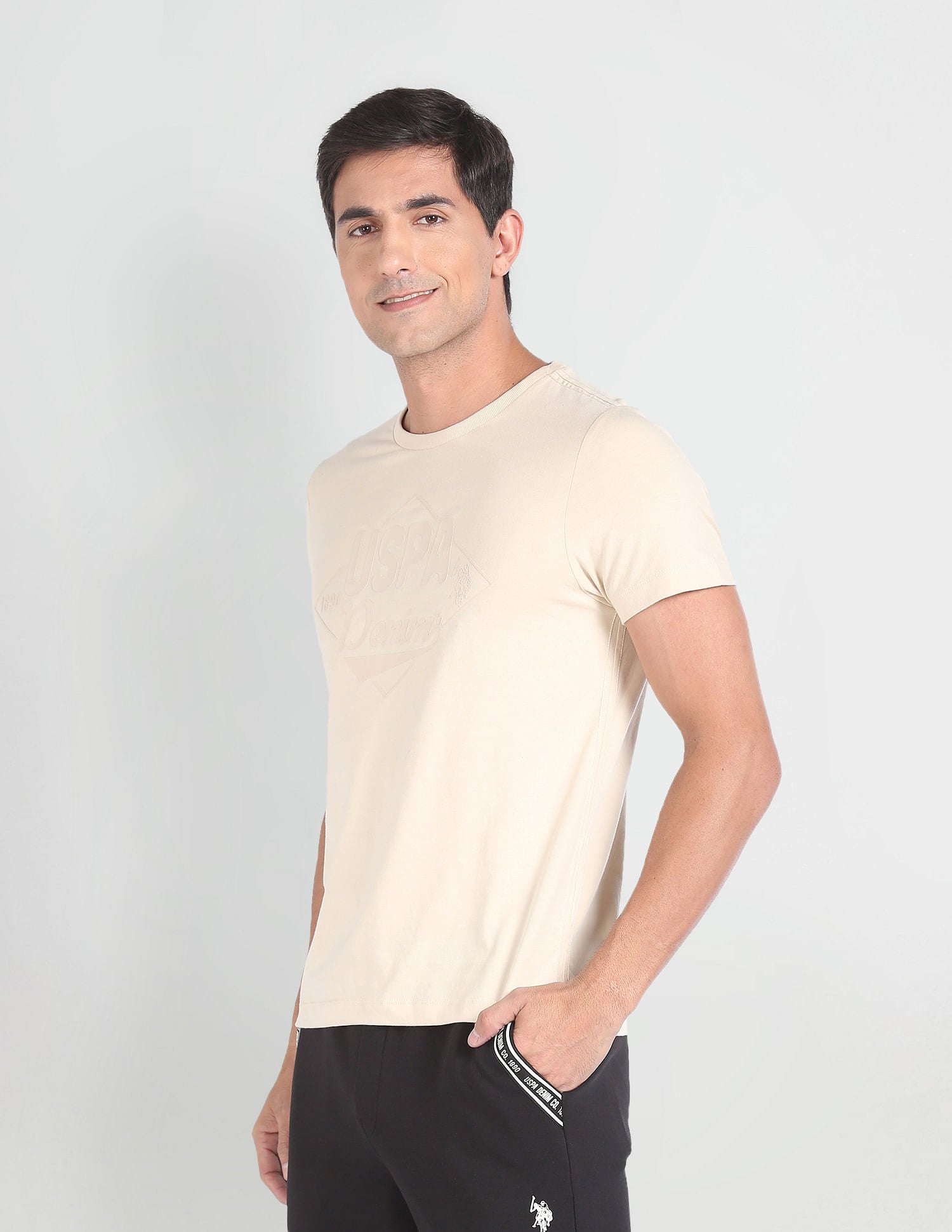 Tonal Brand Print Muscle Fit T-Shirt Beige - U.S. Polo Assn. India | Large