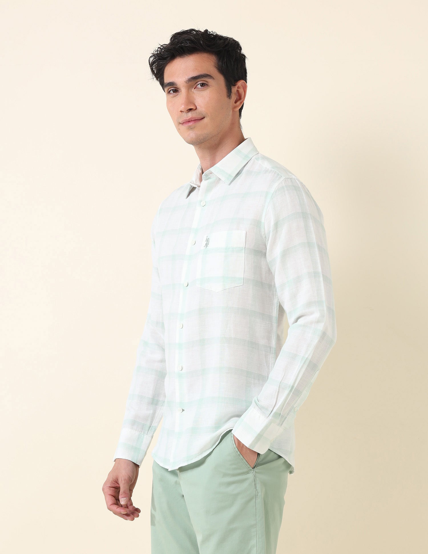 Tailored Fit Grid Tattersall Checked Shirt Light Green - U.S. Polo Assn. India | Large
