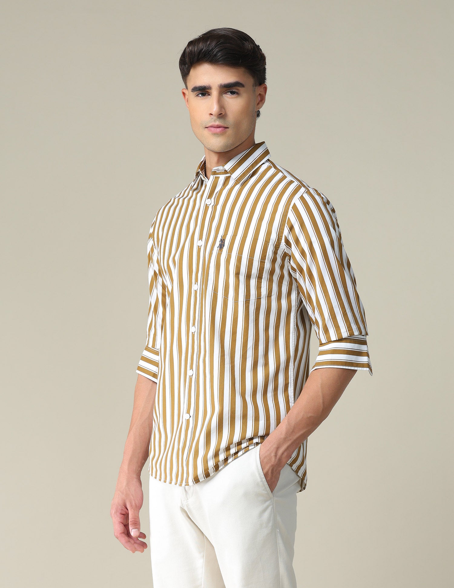 Vertical Stripe Cotton Shirt Ochre and White - U.S. POLO ASSN. | Large