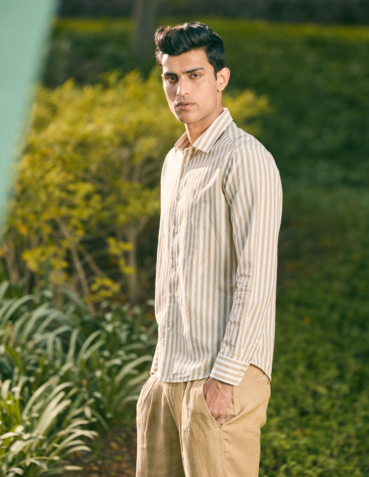 Pacho X Vertical Stripe Cotton Linen Shirt Beige - U.S. POLO ASSN. | Large