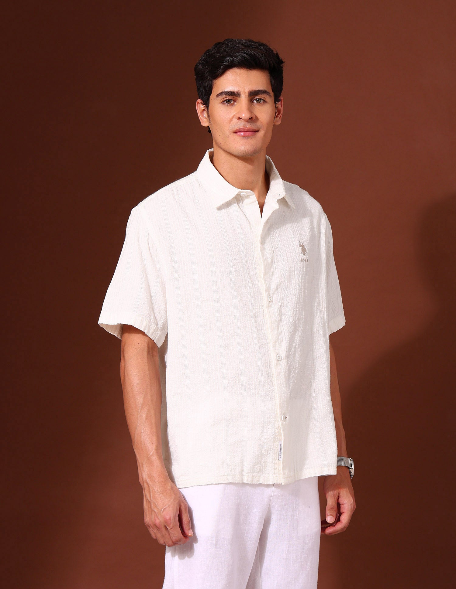 Textured Pure Cotton Shirt White - U.S. Polo Assn. India | Large