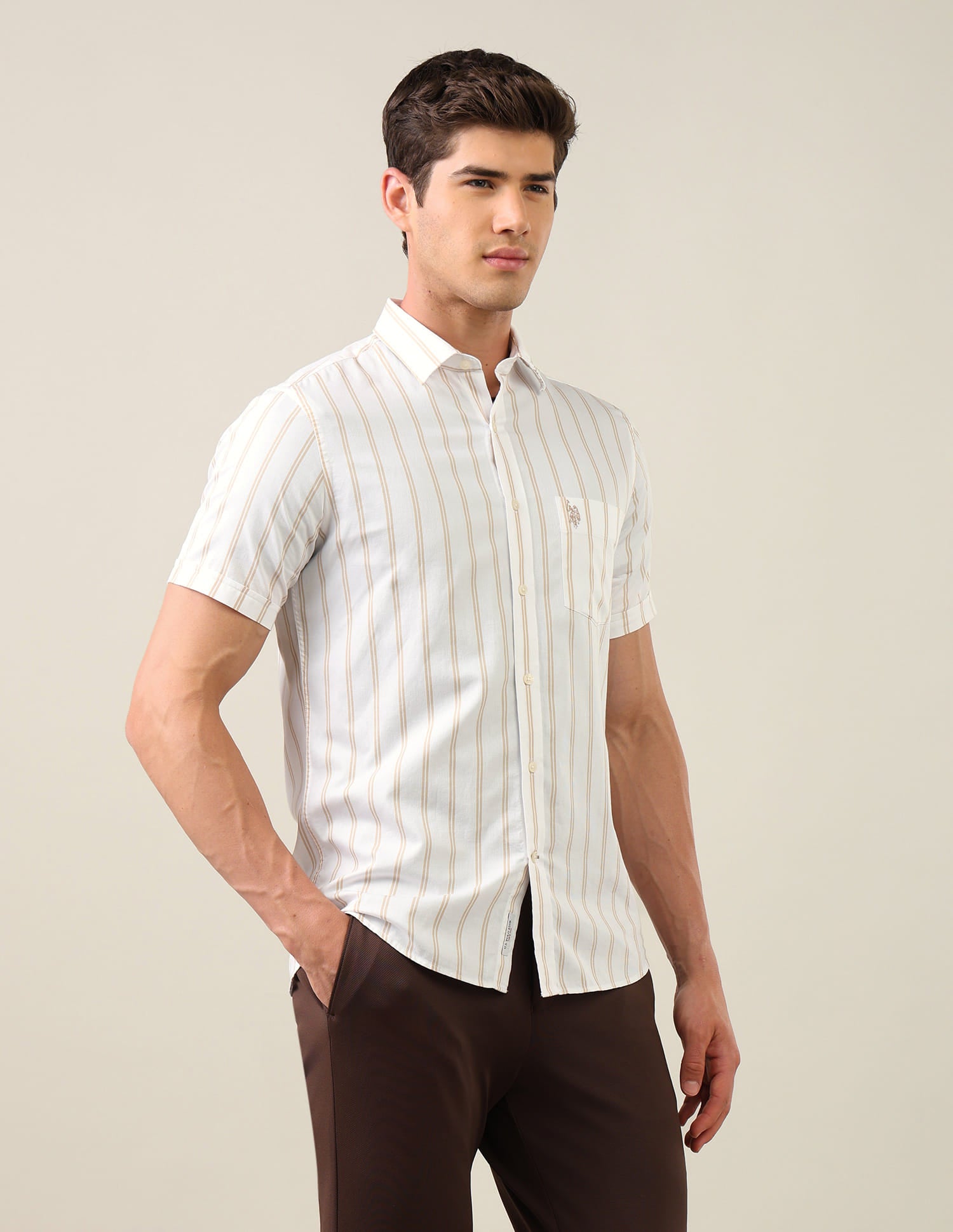 Vertical Striped Tailored Fit Shirt Beige - U.S. Polo Assn. India | Large