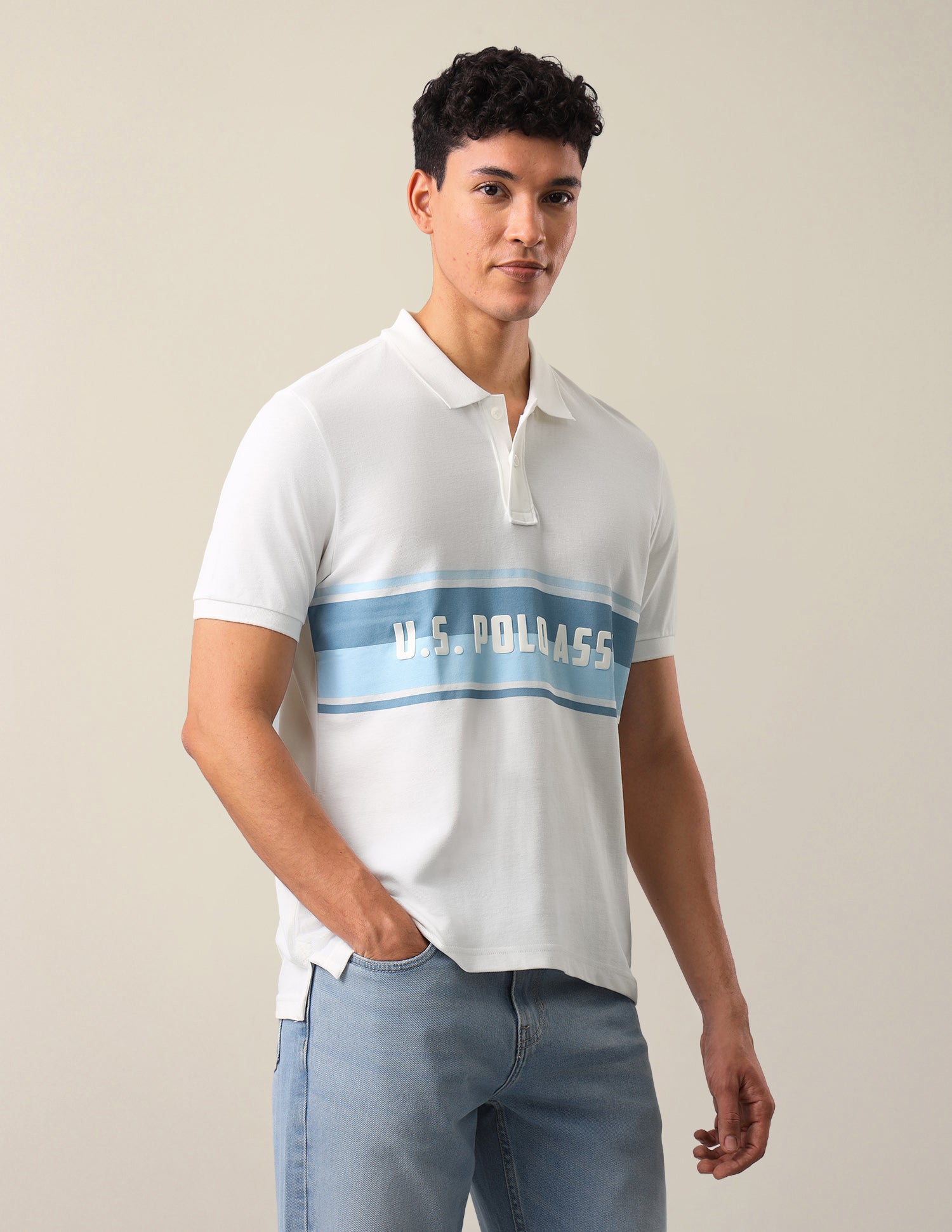 Colourblocked With Brand Printed Slim Fit Polo Shirt Ivory - U.S. Polo Assn. India | Large