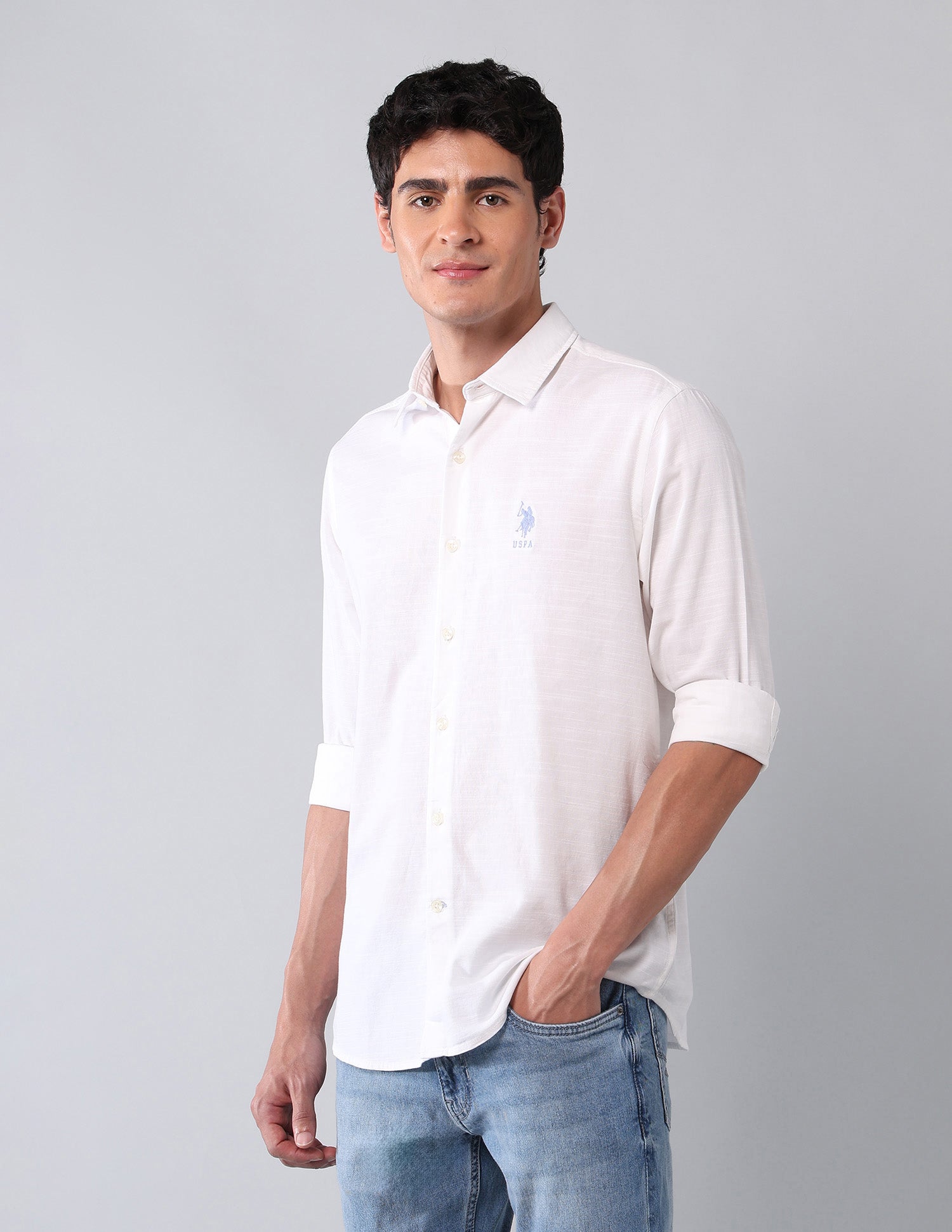Pure Cotton Regular Fit Dobby Shirt White - U.S. Polo Assn. India | Large