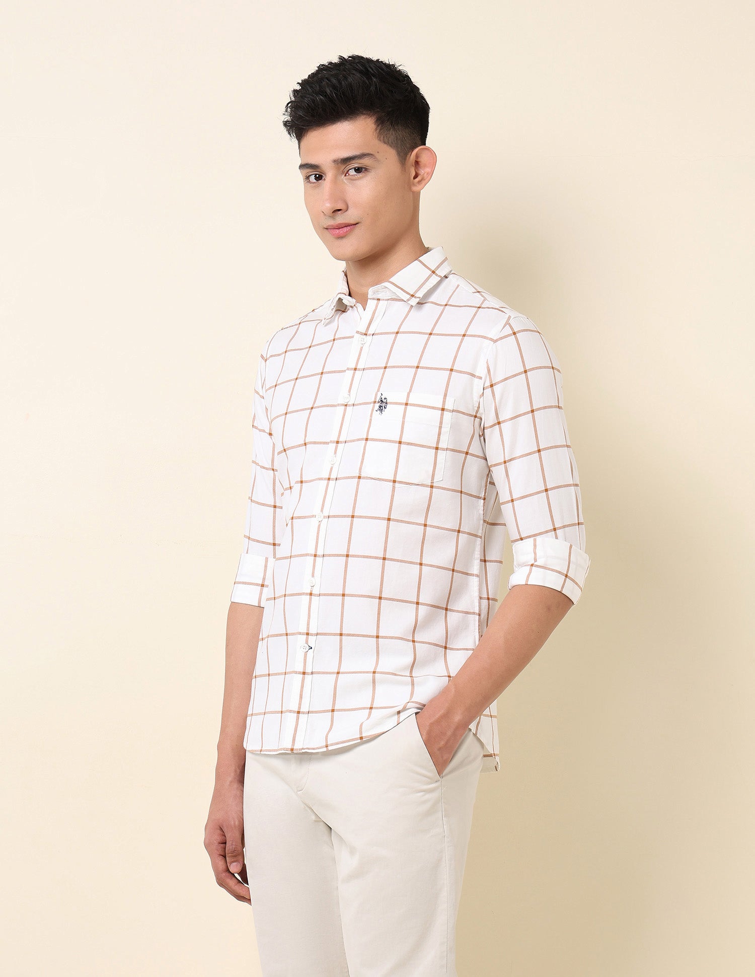 Pure Cotton Windowpane Checked Shirt Orange - U.S. Polo Assn. India | Large