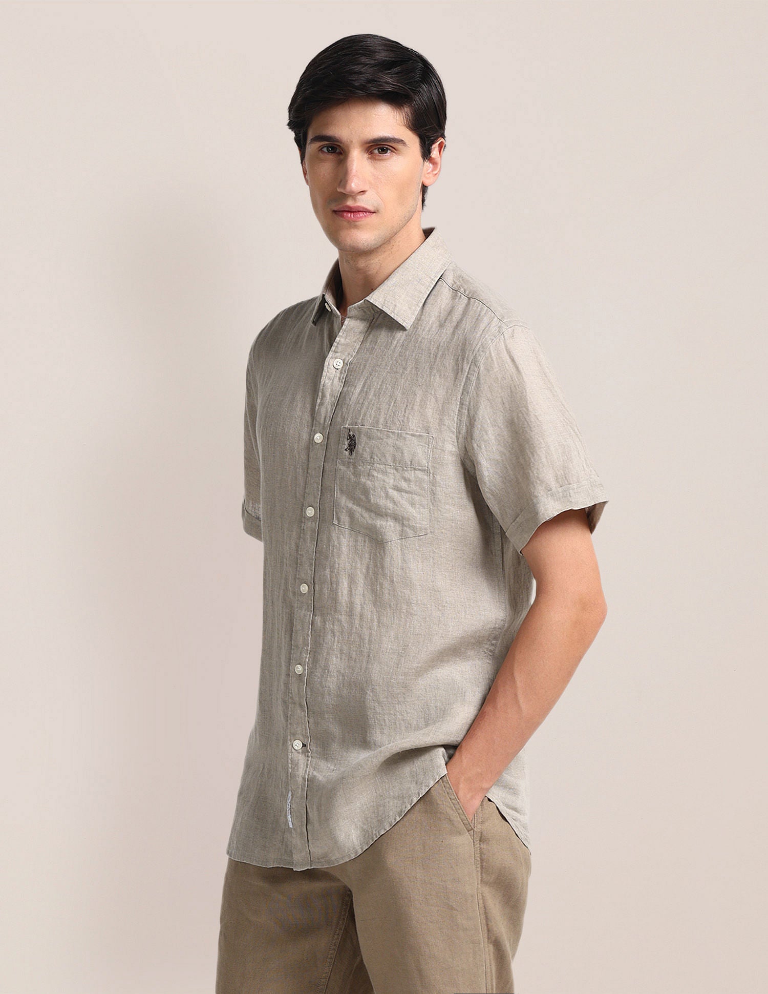 Tailored Fit Linen Shirt Beige - U.S. POLO ASSN. | Large