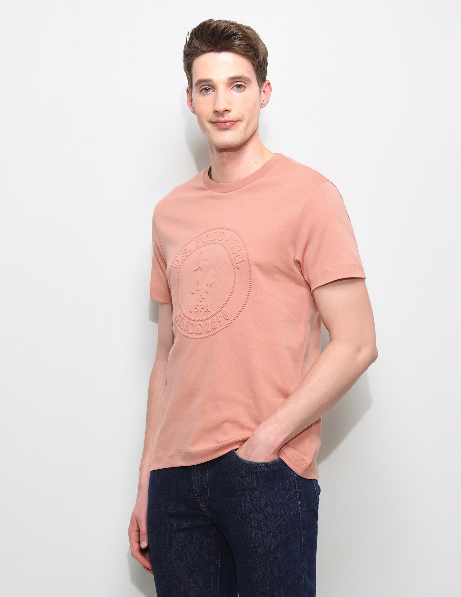 Brand Embossed Slim Fit T-Shirt Peach - U.S. Polo Assn. India | Large