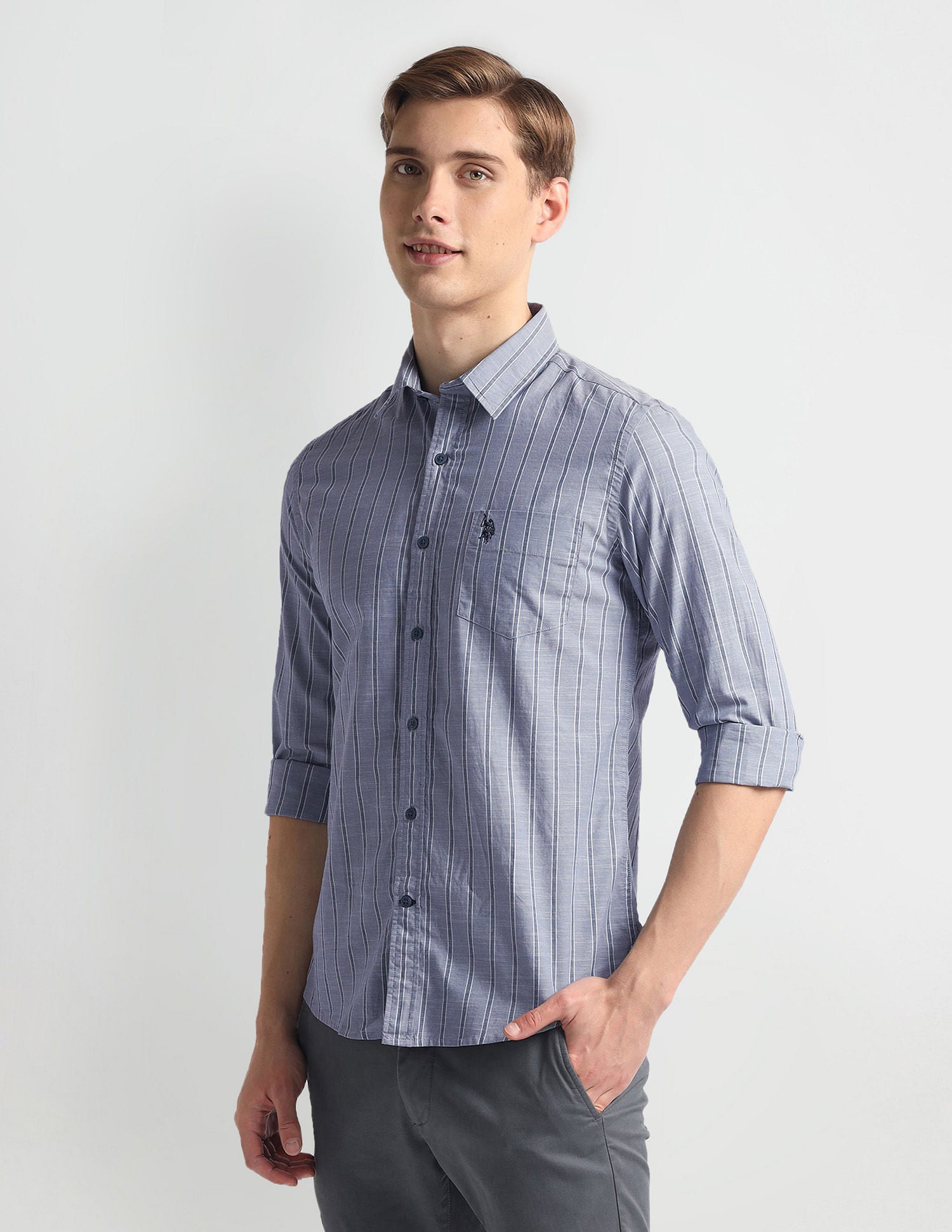 Vertical Stripe Slim Fit Shirt Steel Blue - U.S. POLO ASSN. | Large