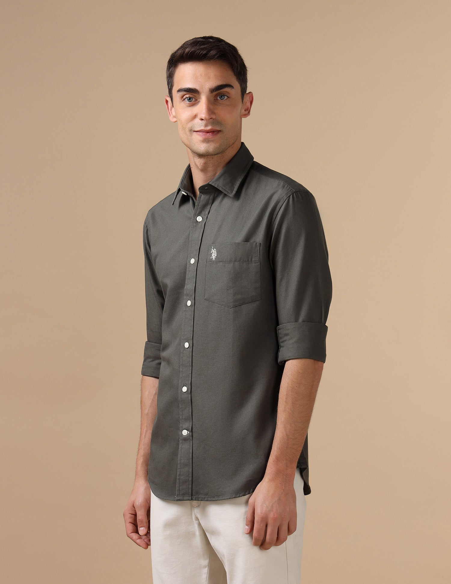 Tailored Fit Pure Cotton Shirt Light Olive - U.S. Polo Assn. India | Large