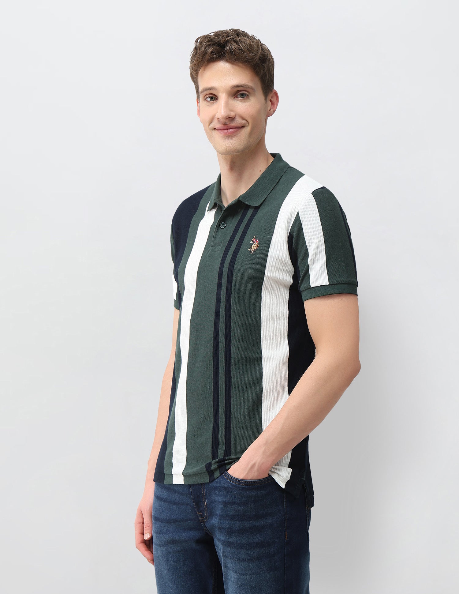 Vertical Striped Muscle Fit Polo Shirt Dark Green - U.S. Polo Assn. India | Large