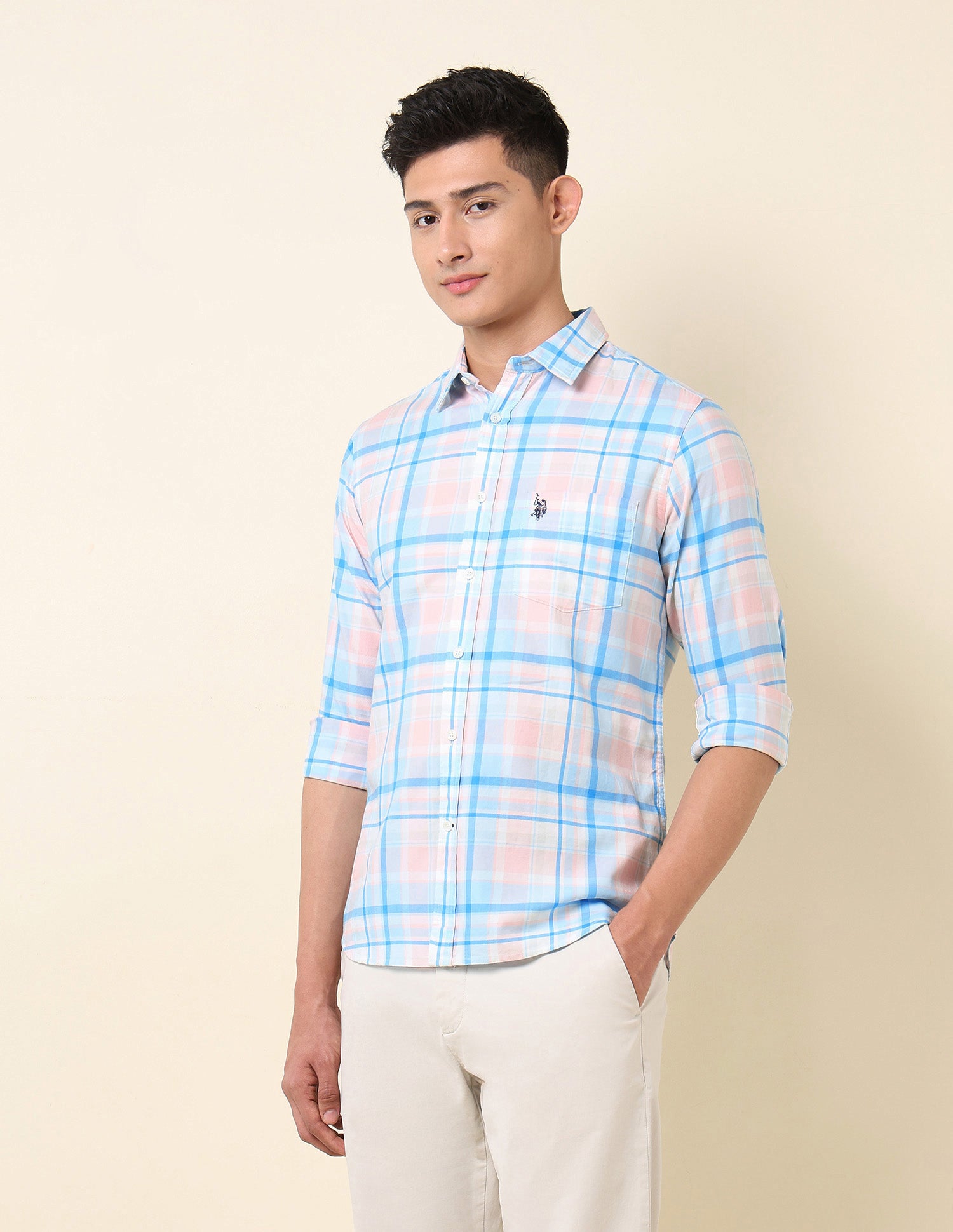 Pure Cotton Grid Tattersall Checked Shirt Blue - U.S. Polo Assn. India | Large