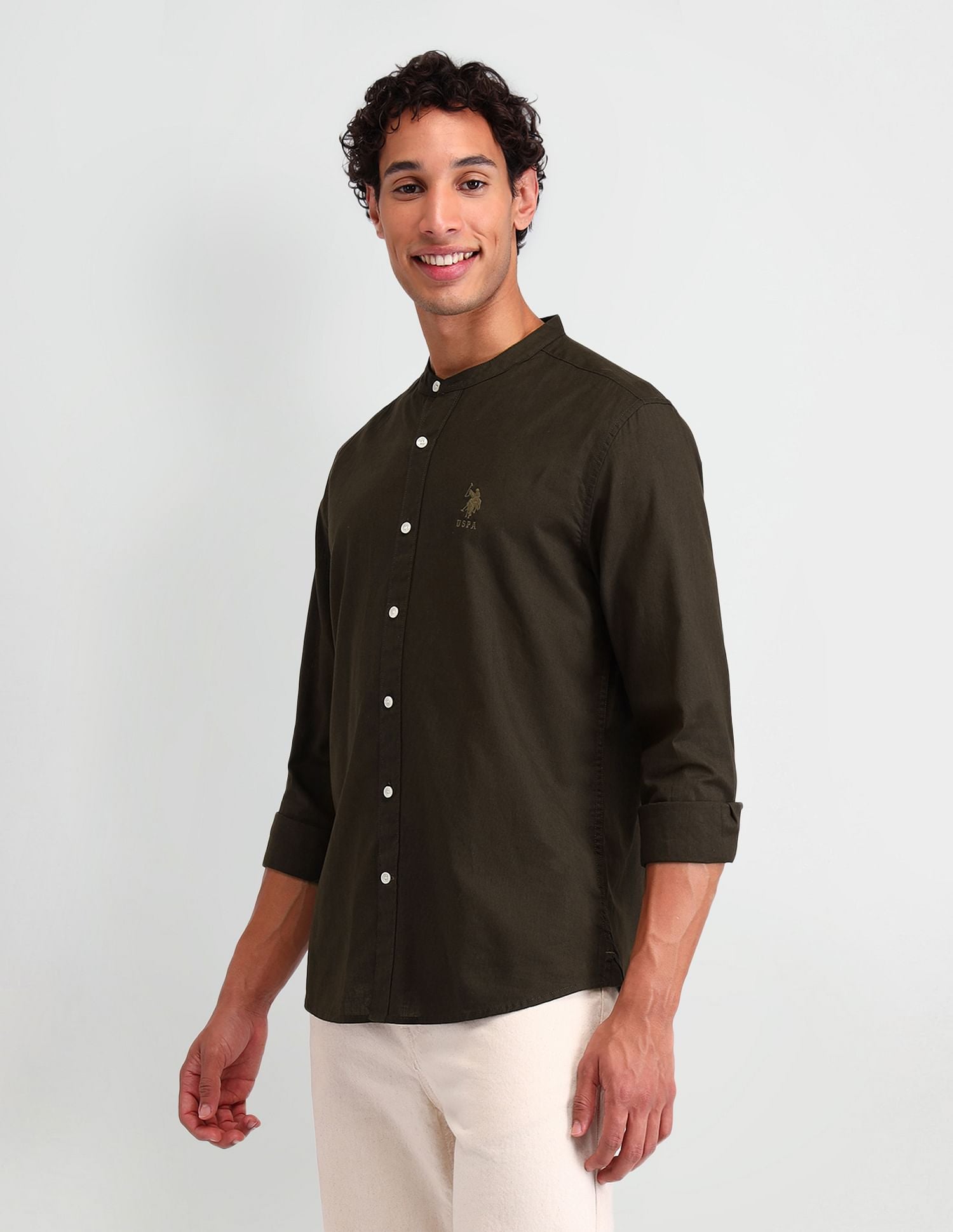Manhattan Slim Fit Solid Shirt Olive - U.S. Polo Assn. India | Large