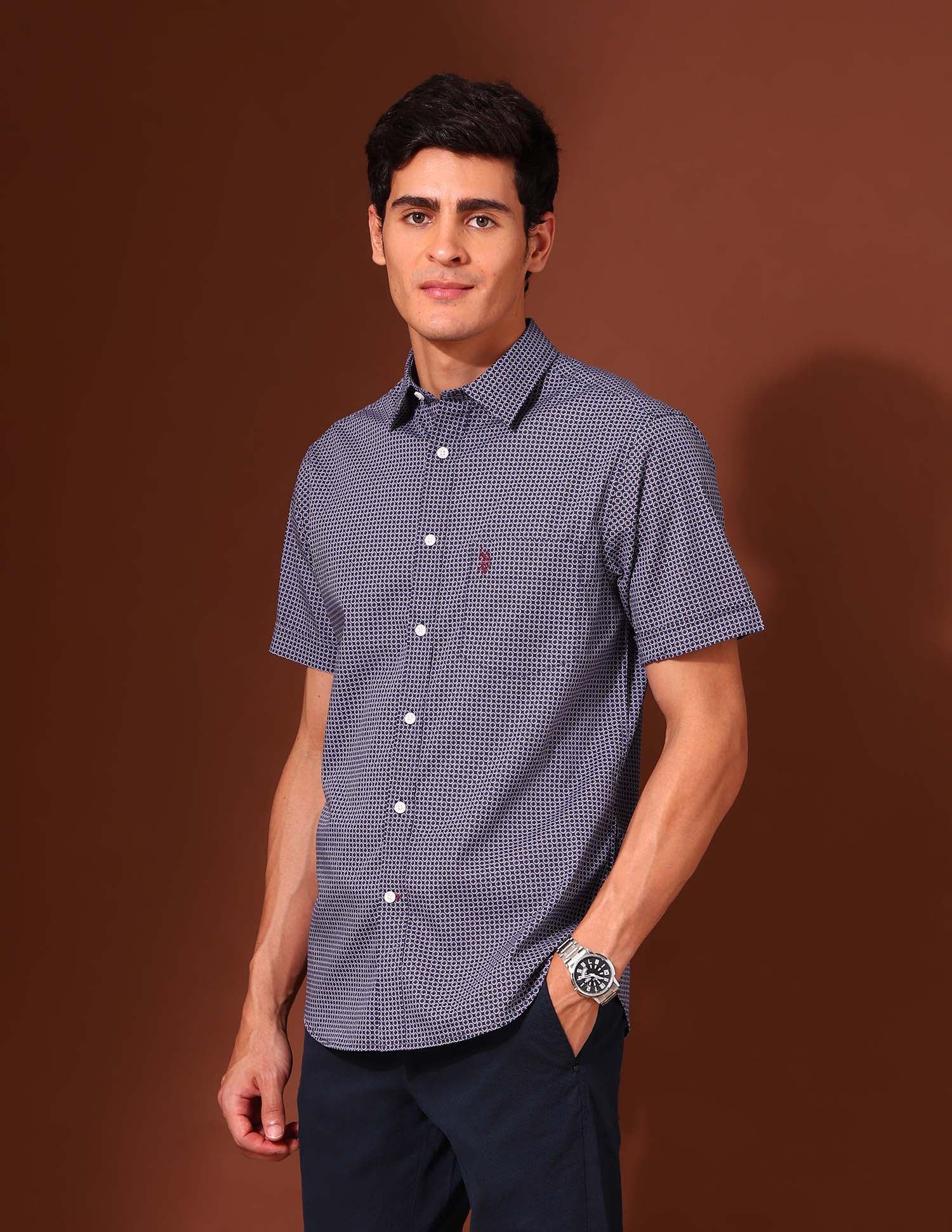 Geometric Printed Tailored Fit Shirt Navy - U.S. Polo Assn. India | Large