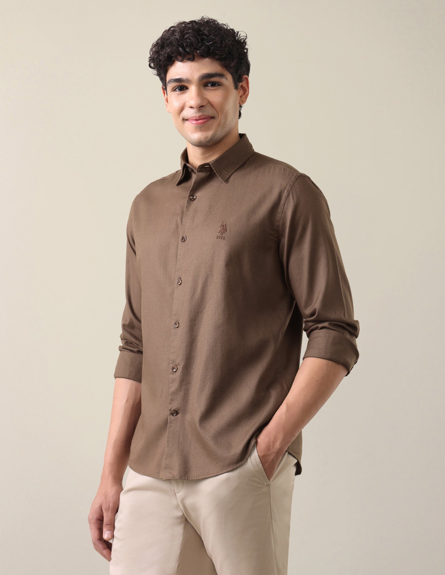 Dobby Textured Shirt Light Brown - U.S. Polo Assn. India | Large