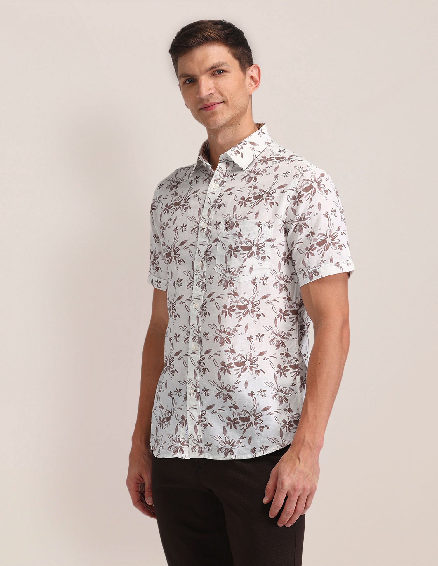 Tailored Fit Printed Shirt Beige - U.S. Polo Assn. India | Large
