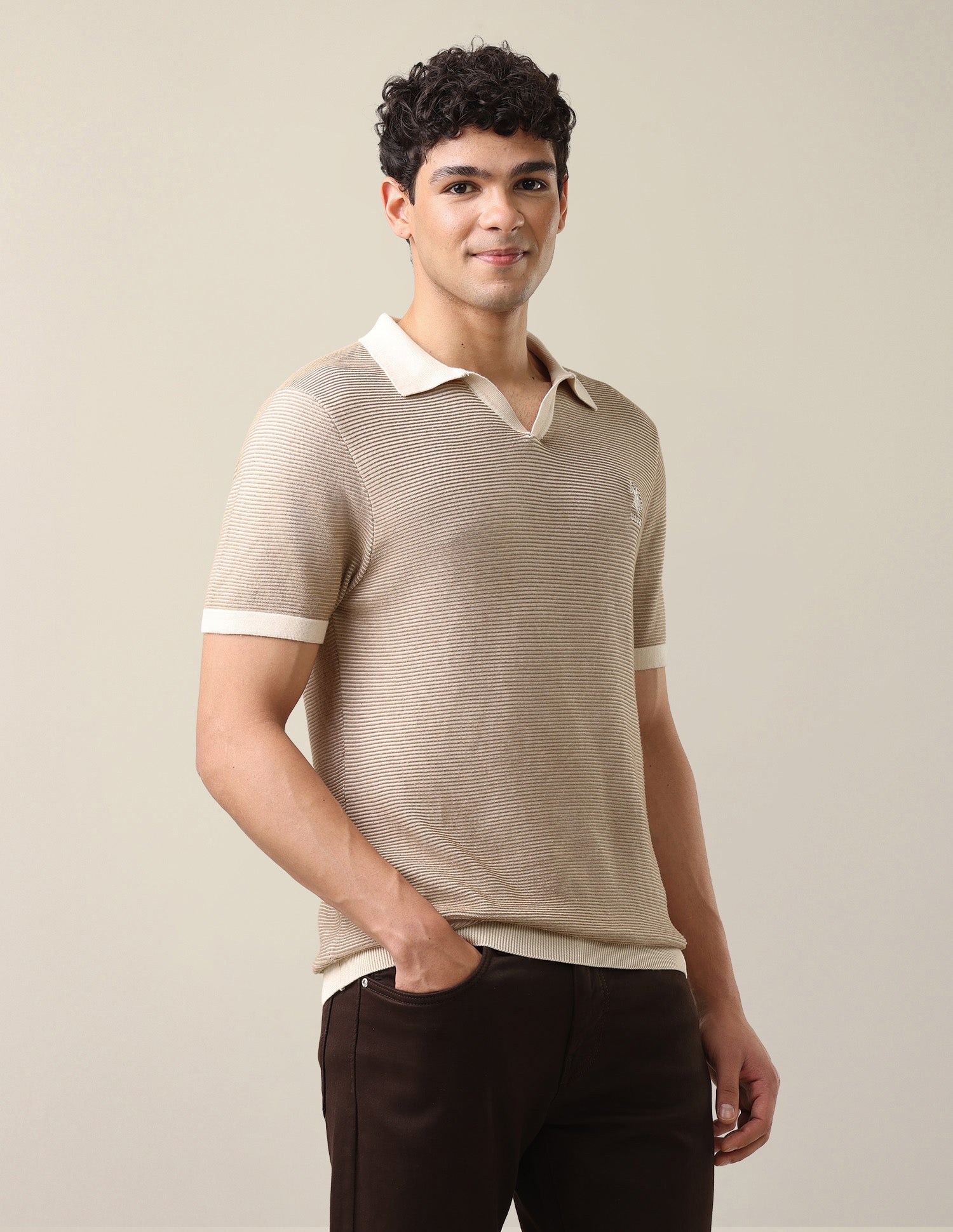 Horizontal Striped Patterned Slim Fit Polo Shirt Light Brown - U.S. Polo Assn. India | Large