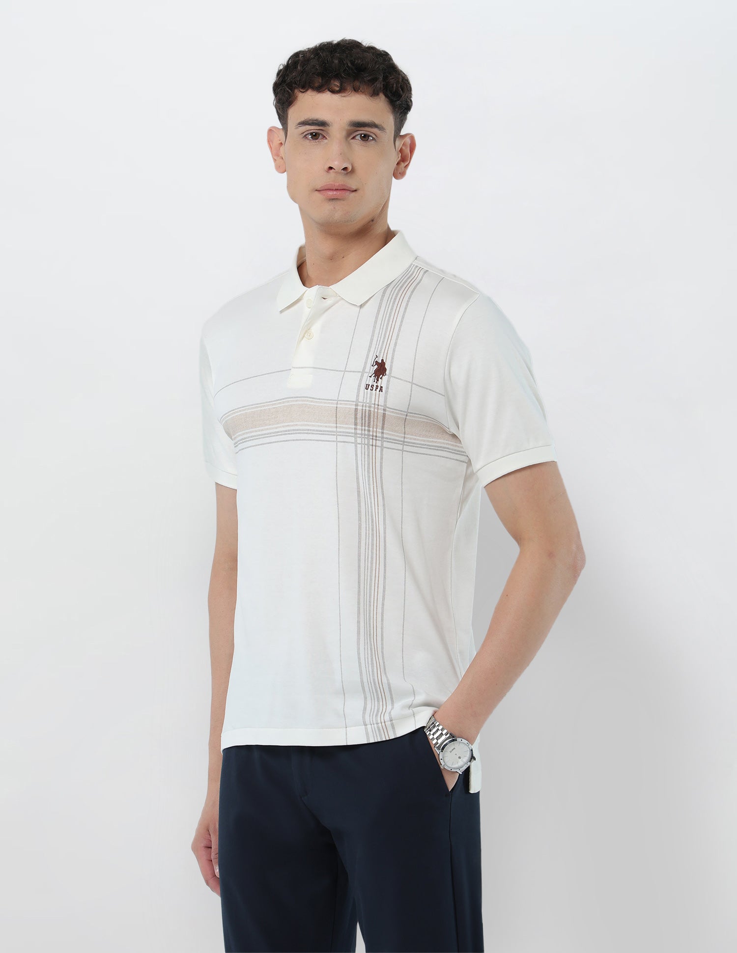 Vertical Striped Slim Fit Polo Shirt Off White - U.S. POLO ASSN. | Large