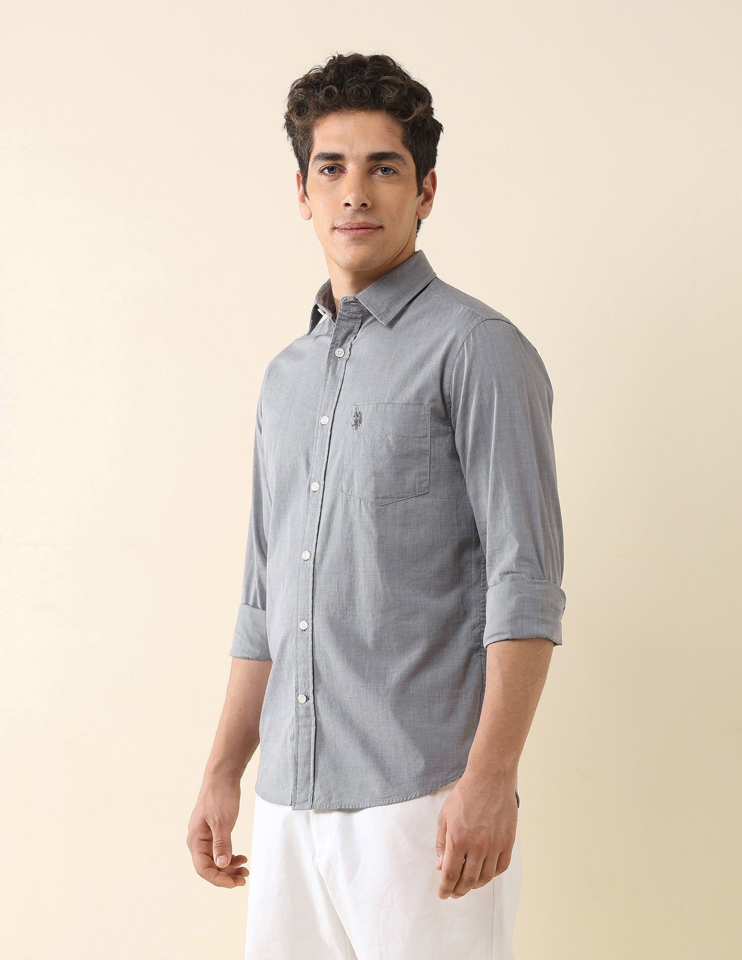 Solid Tailored Fit Fil-À-Fil Shirt Grey - U.S. POLO ASSN. | Large