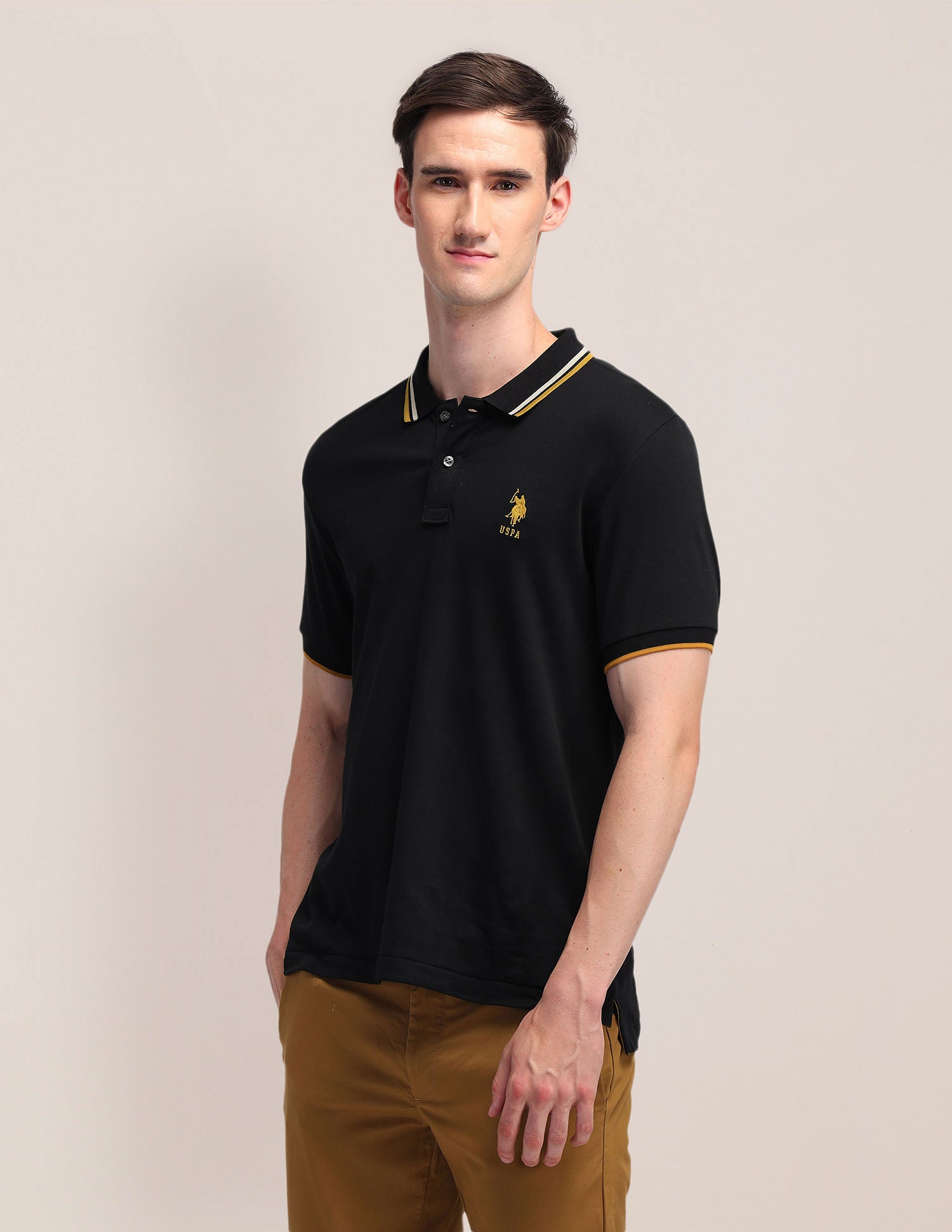 Pure Cotton Solid Slim Fit Polo Shirt Black - U.S. POLO ASSN. | Large