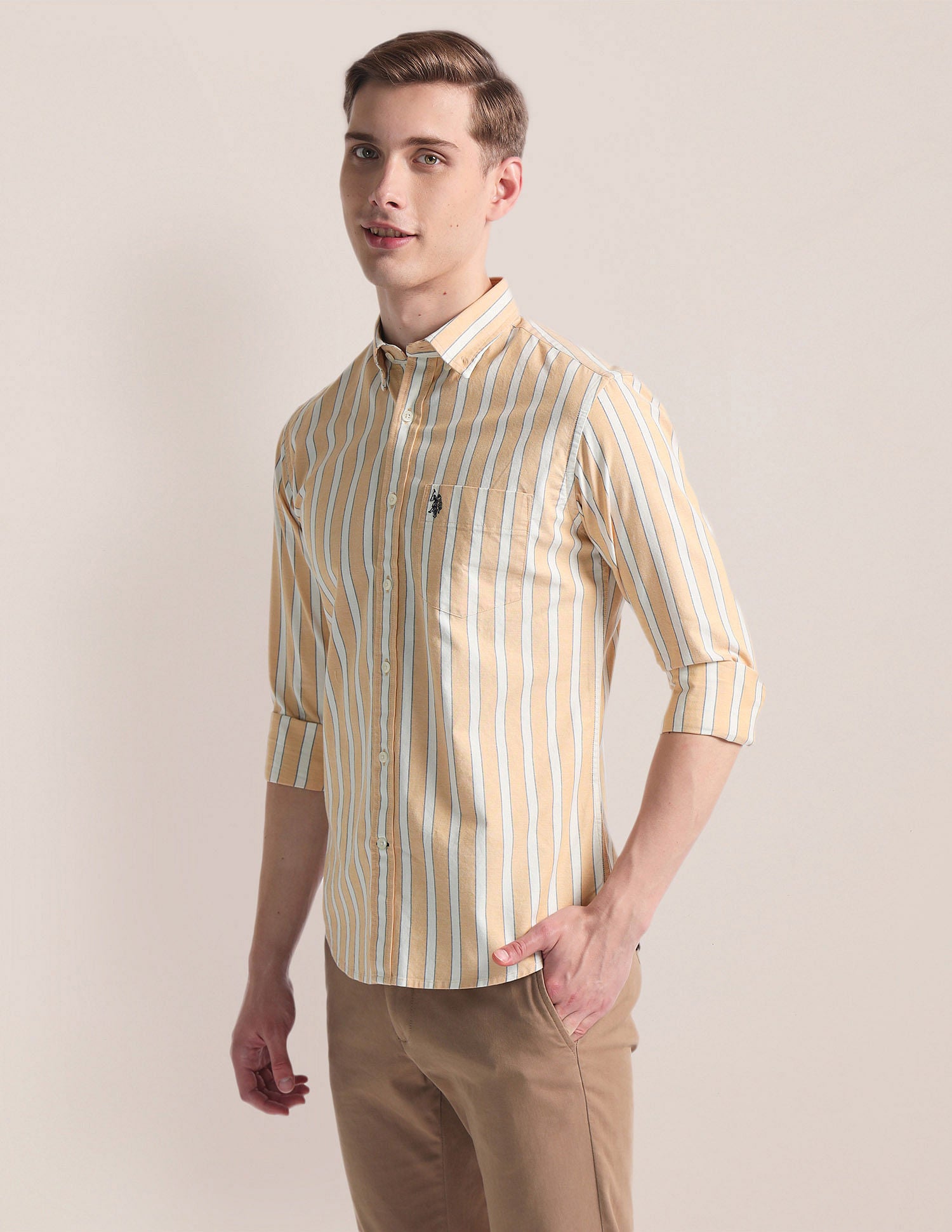 Vertical Stripe Oxford Shirt Beige - U.S. Polo Assn. India | Large