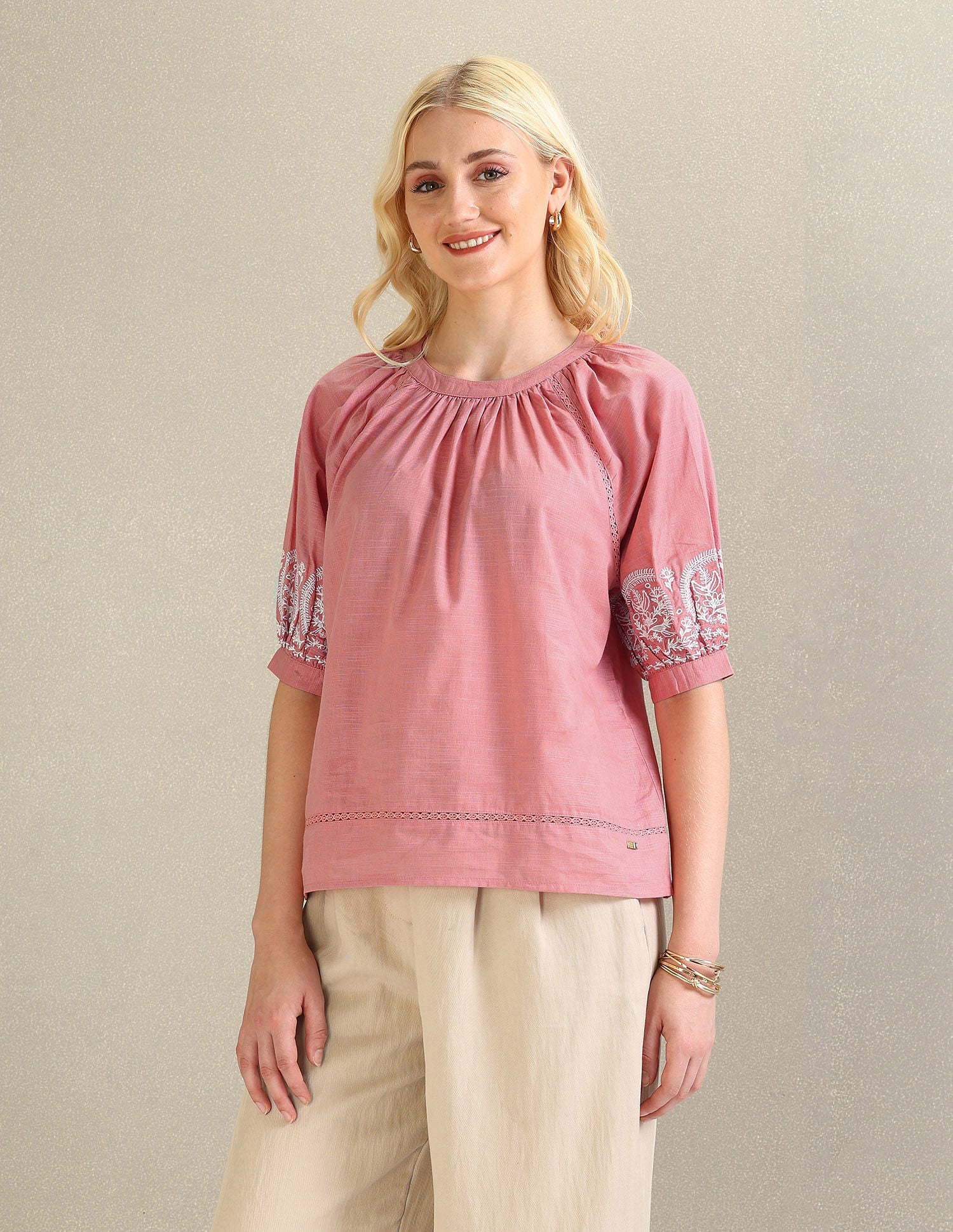 Embroidered Sleeve Cotton Top Pink - U.S. POLO ASSN. | Large