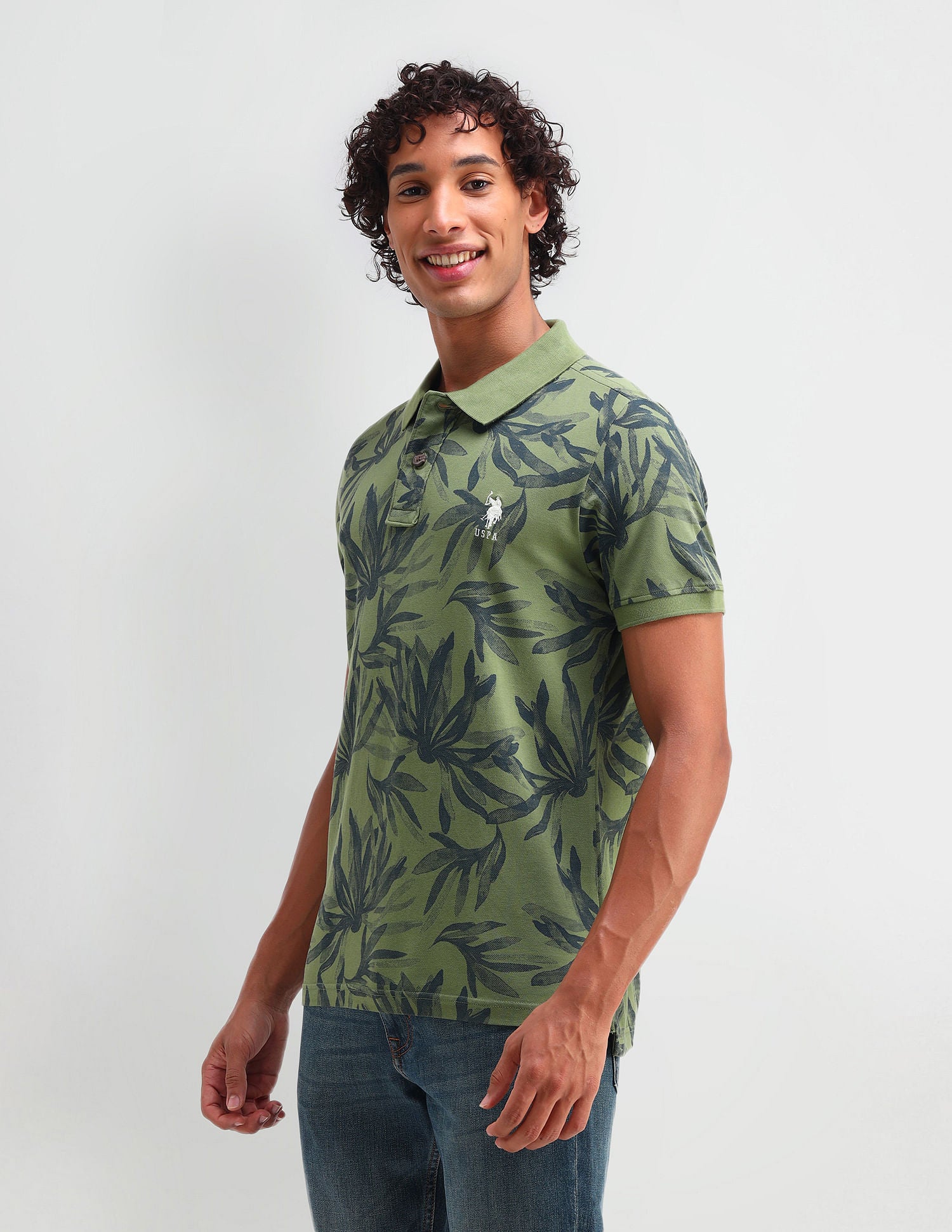 Floral Print Cotton Polo Shirt Green - U.S. POLO ASSN. | Large