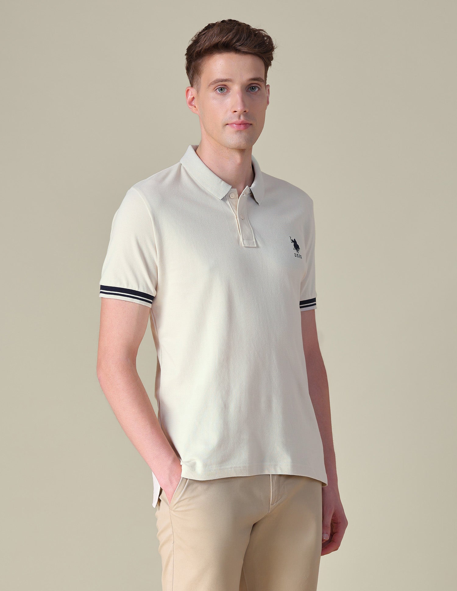 Solid Regular Fit Polo Shirt Beige - U.S. POLO ASSN. | Large