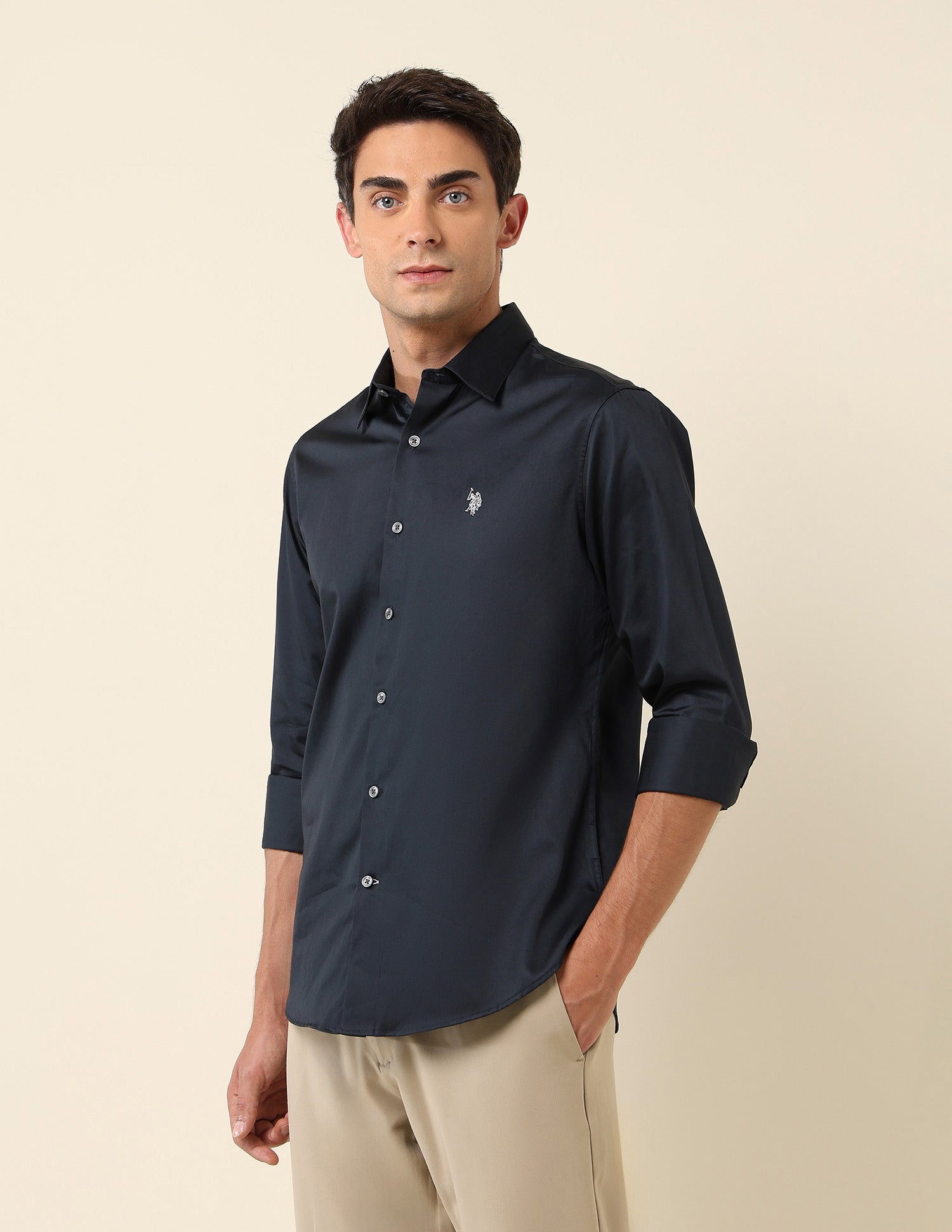 Tailored Fit Satin Pure Cotton Shirt Navy - U.S. Polo Assn. India | Large