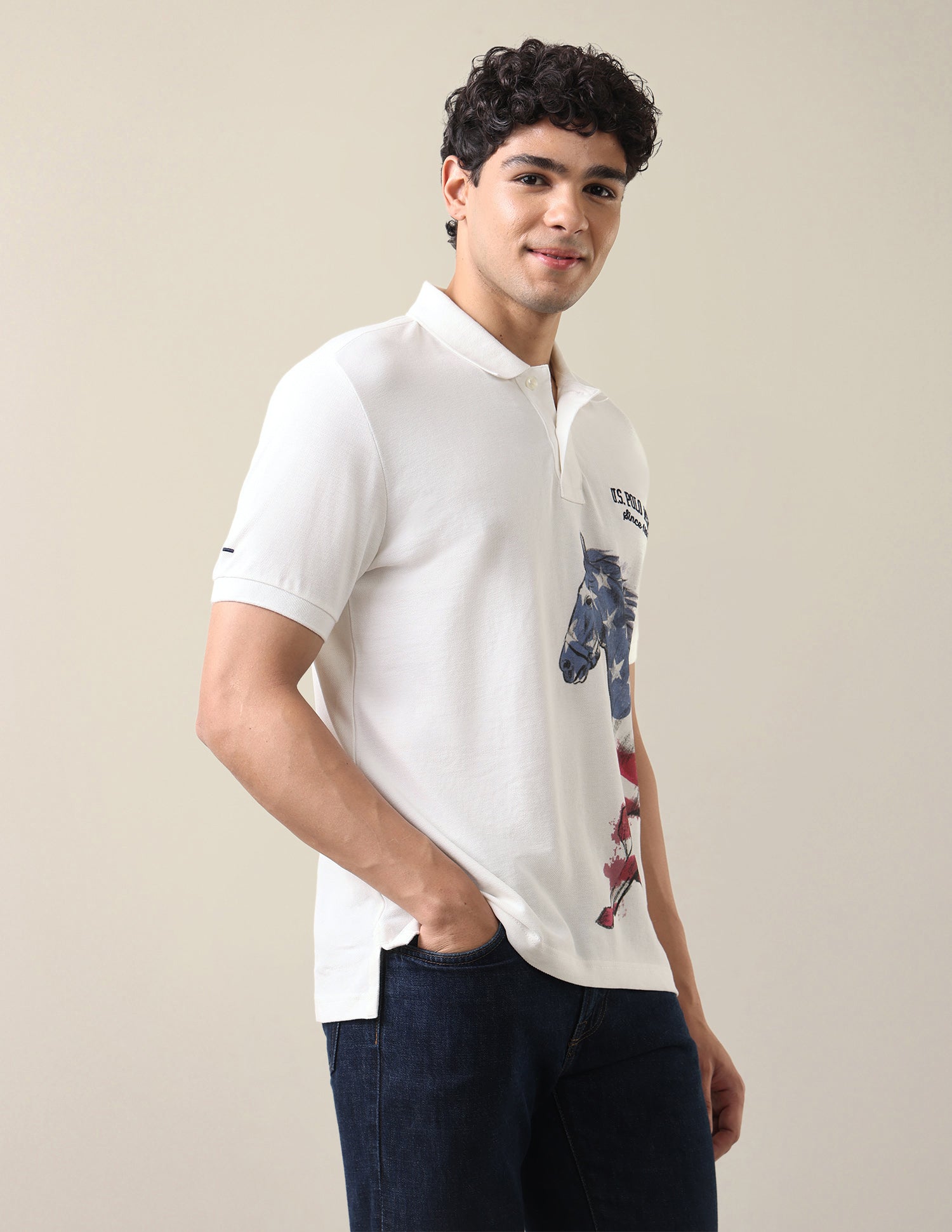 Graphic Brand Printed Slim Fit Polo Shirt Ivory - U.S. Polo Assn. India | Large
