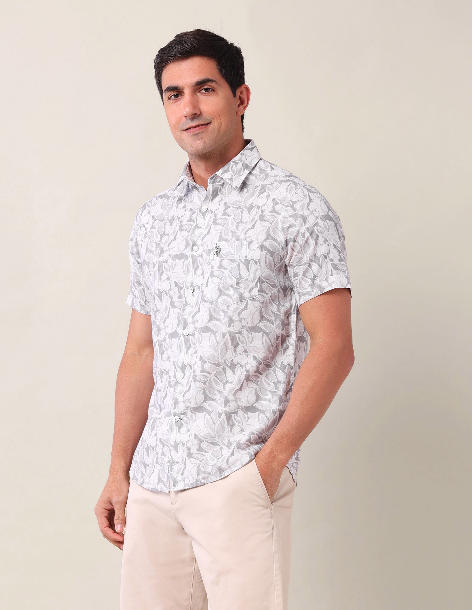 Tailored Fit All Over Printed Shirt Light Grey - U.S. Polo Assn. India | Large