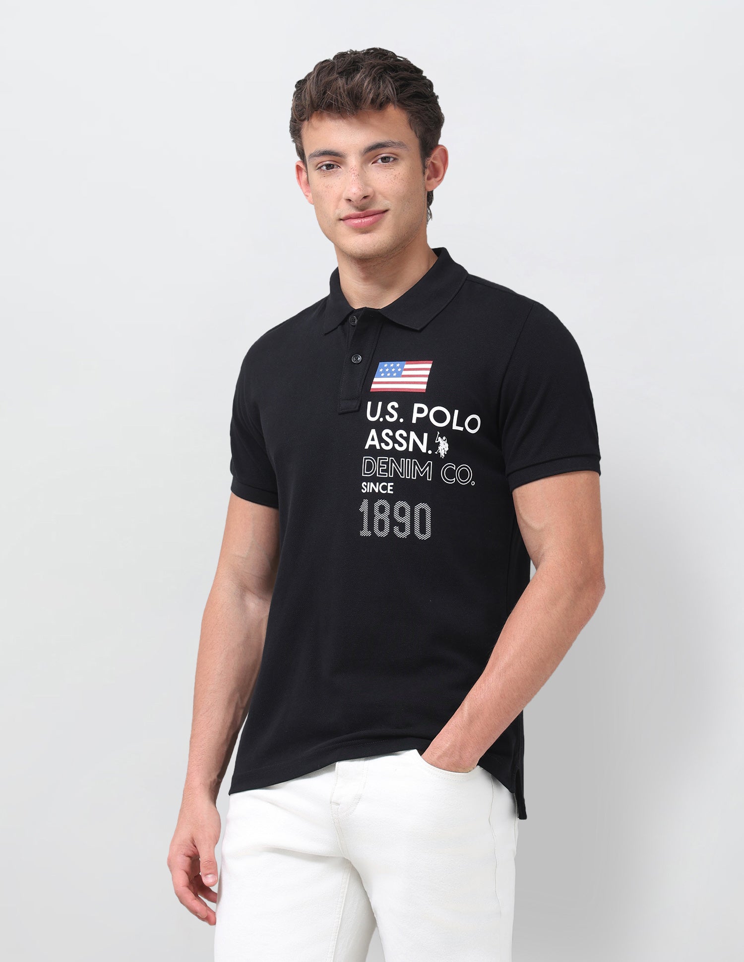 Typographic Brand Printed Slim Fit Polo Shirt Black - U.S. Polo Assn. India | Large