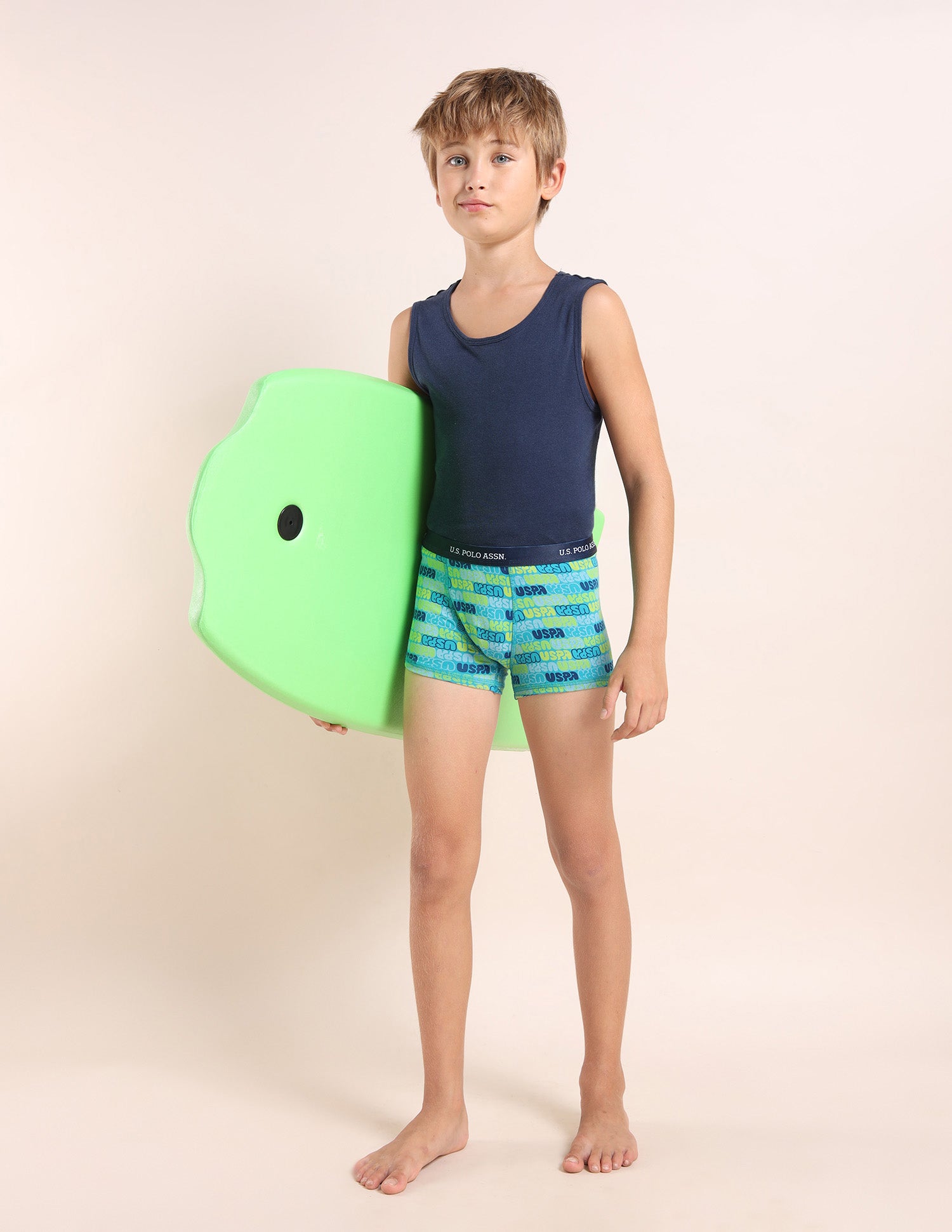 Boys Mid Rise Cotton Spandex Trunks - Pack Of 5 Blue, Navy, Grey, White and Blue - U.S. POLO ASSN. | Large