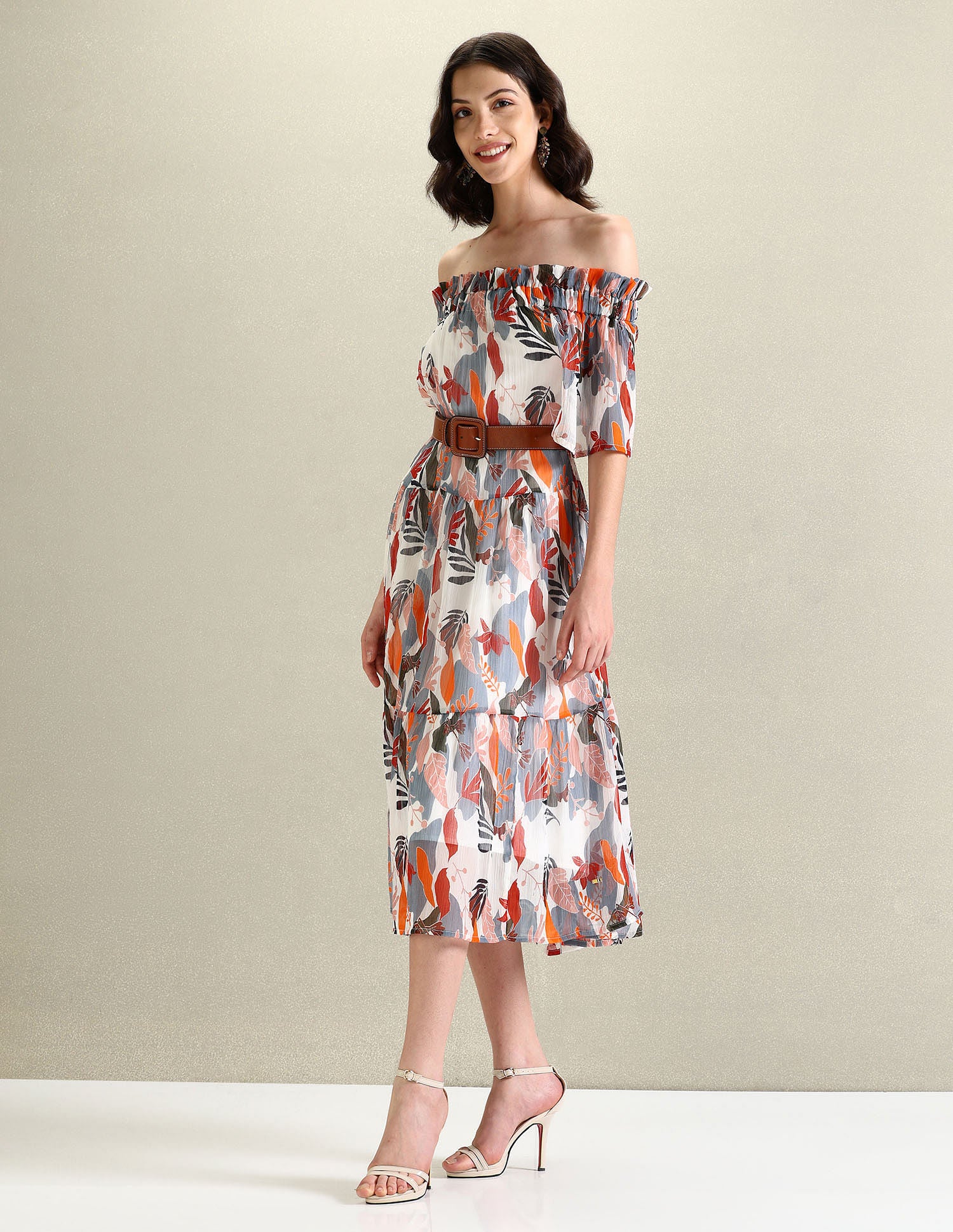 Chiffon Printed A-Line Dress White, Grey and Red - U.S. POLO ASSN. | Large