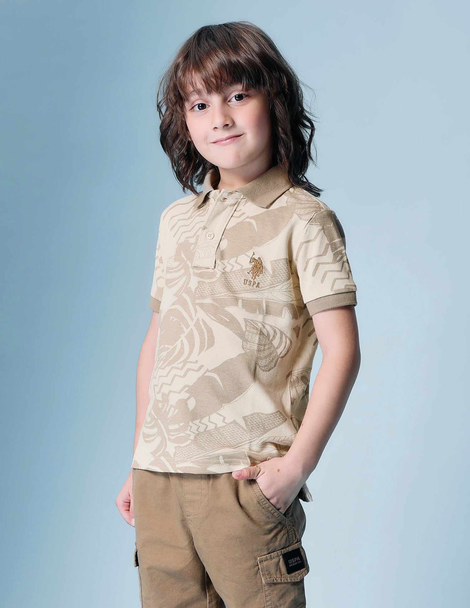 Boys All Over Printed Regular Fit Polo Shirt Beige - U.S. POLO ASSN. | Large